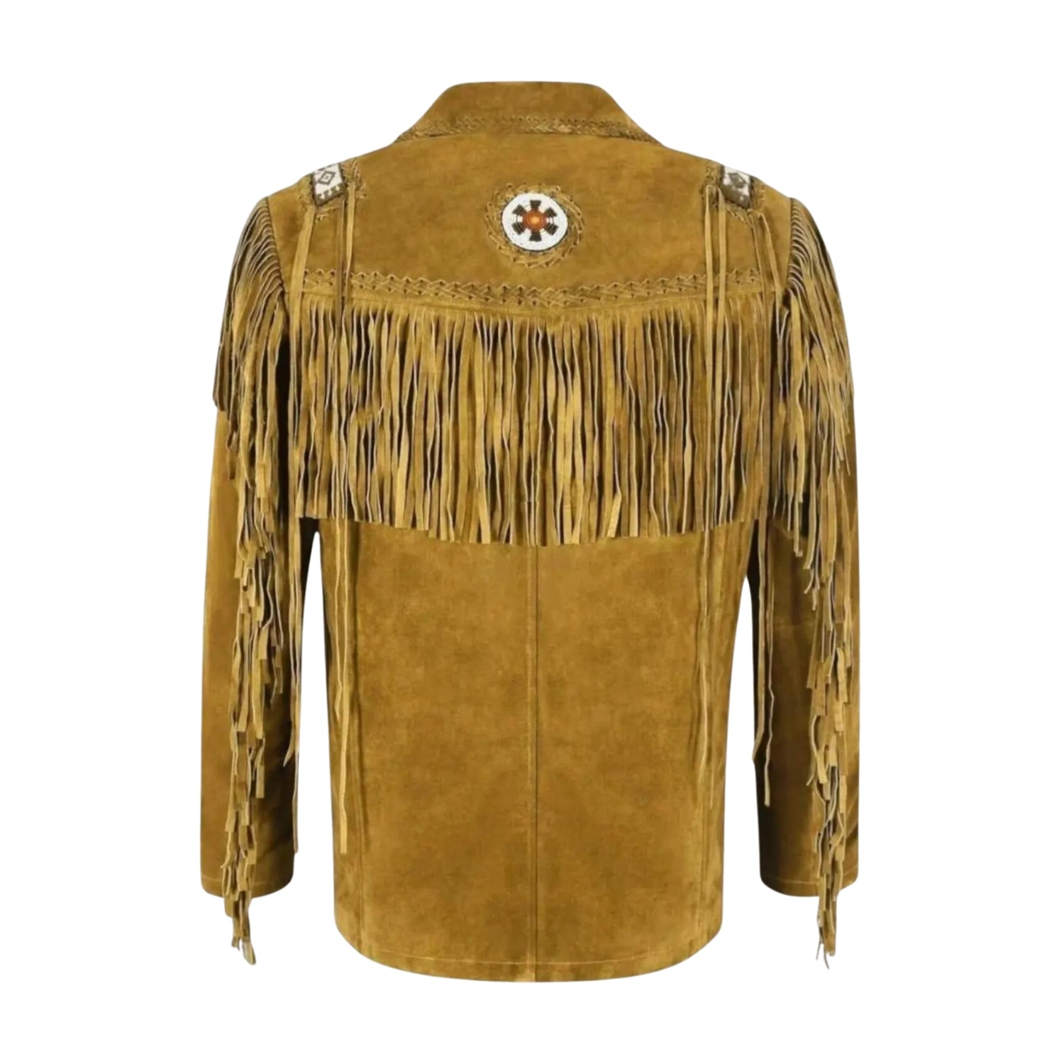 Full display showing the golden brown suede leather fringe jacket