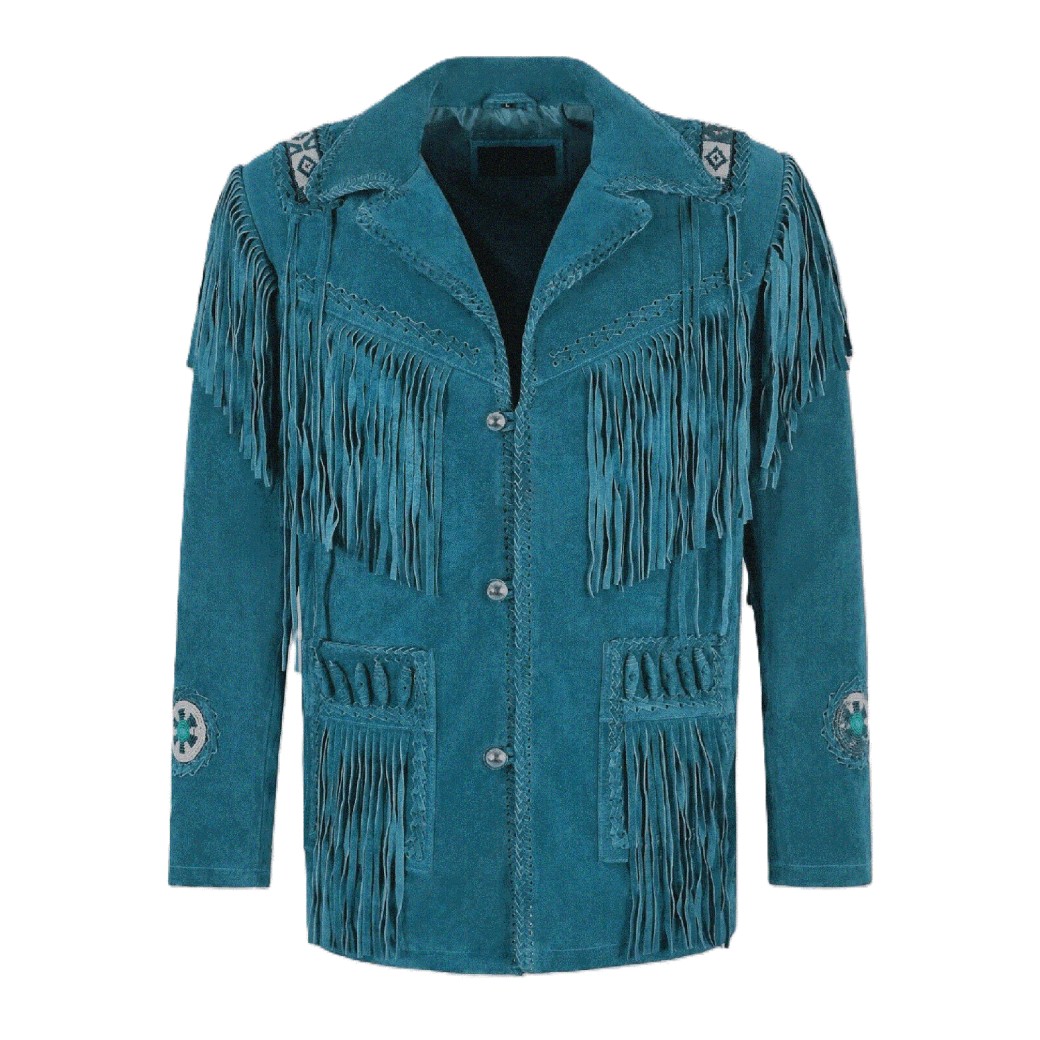 Close-up detail showing the golden brown suede leather fringe jacket