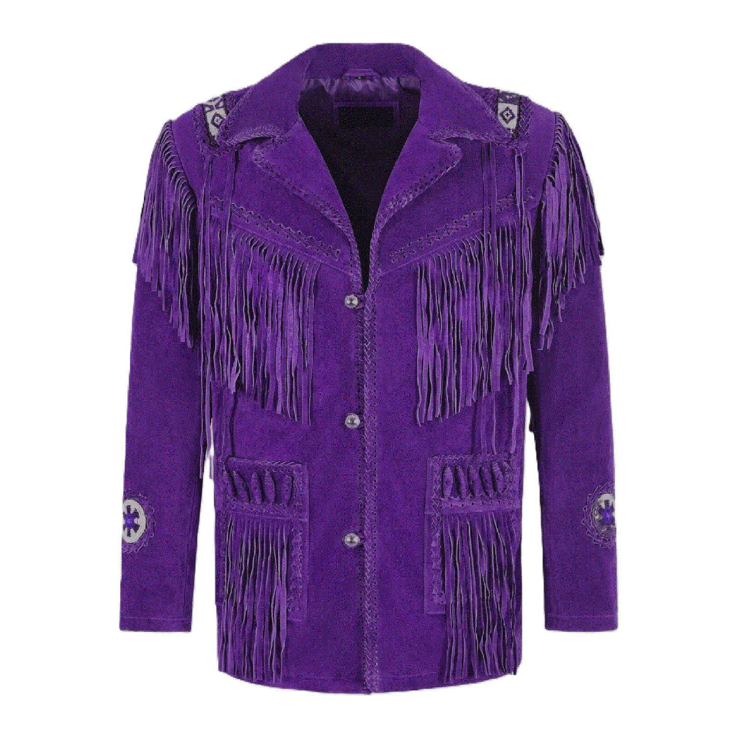 Side profile showing the golden brown suede leather fringe jacket