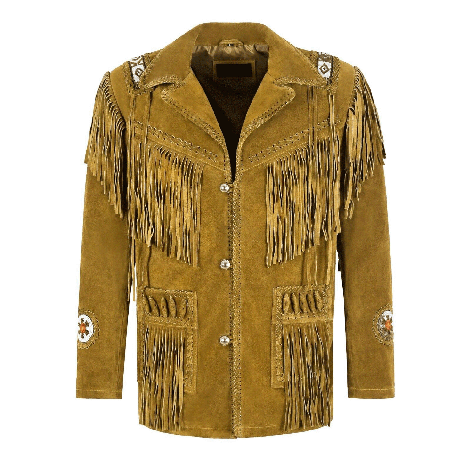 Back view showing the golden brown suede leather fringe jacket