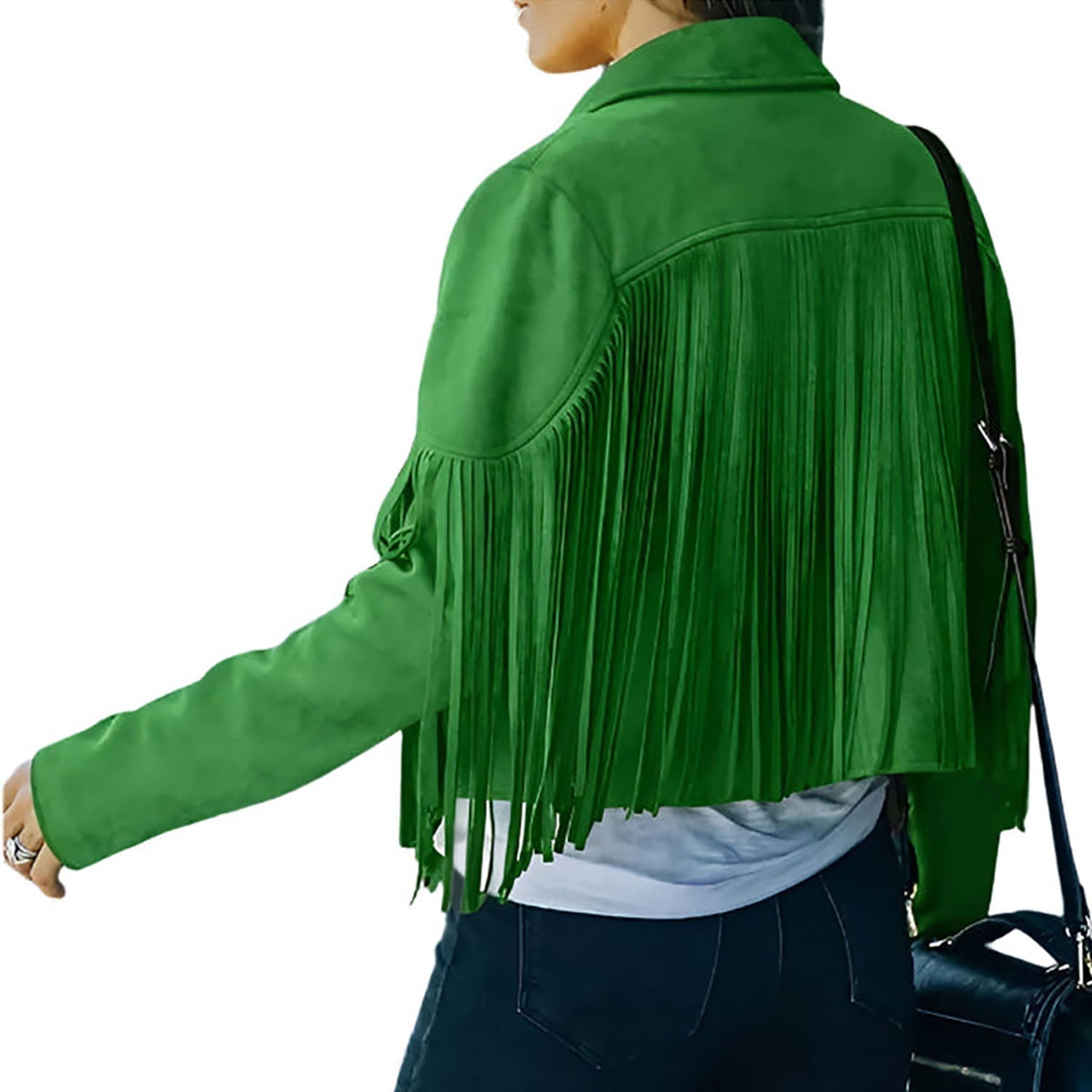 Western Fringe Green Leather Jacket for Women side view