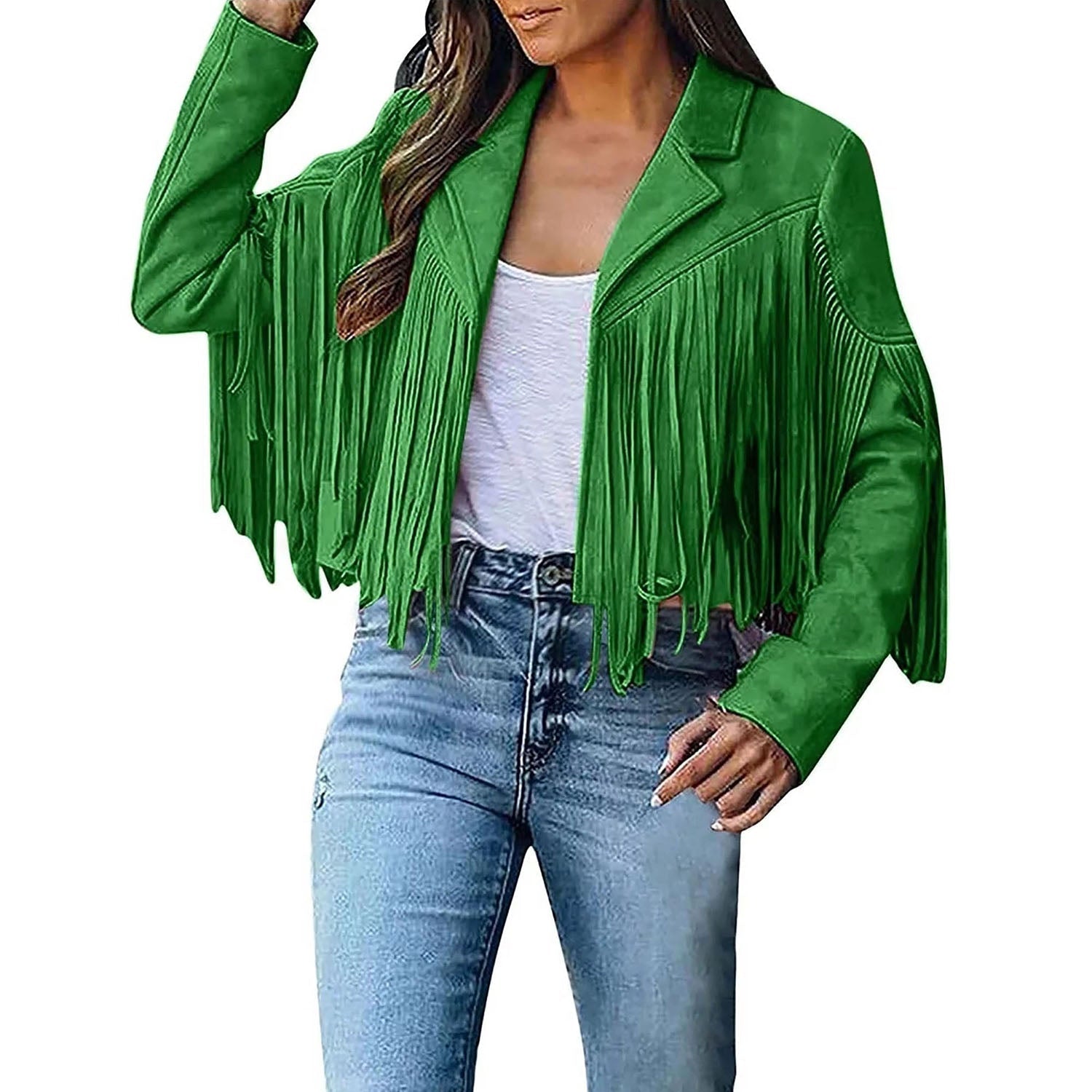 Western Fringe Green Leather Jacket for Women back view