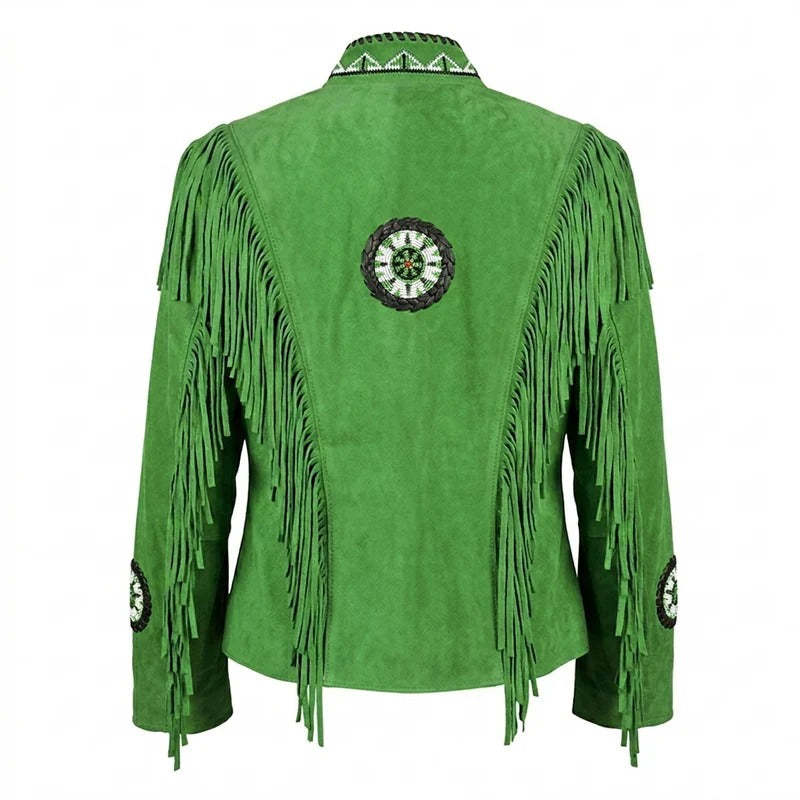 Western Fringe Green Suede Leather Jacket for Women side view