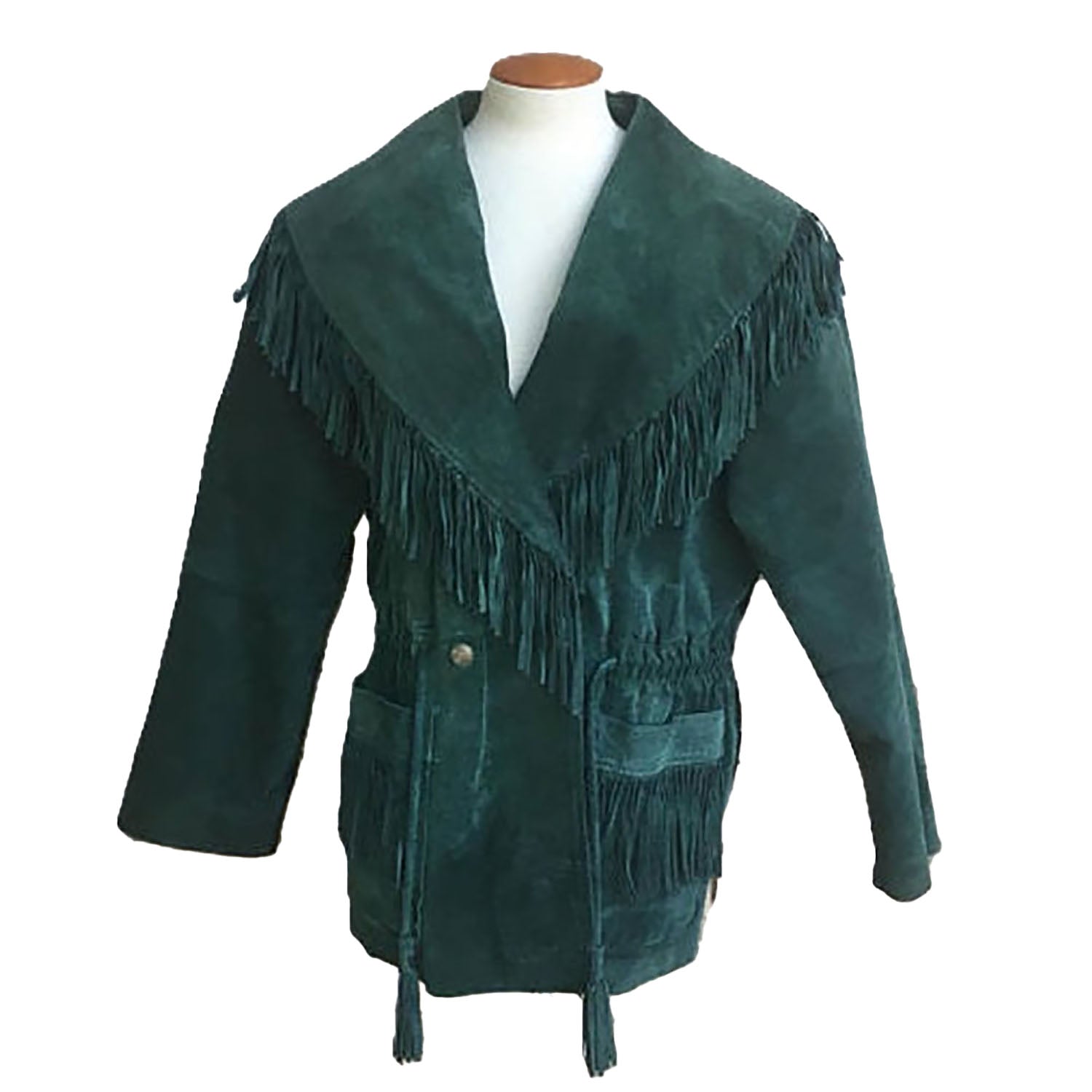 Western Fringe Green Suede Leather Long Jacket for Women front view