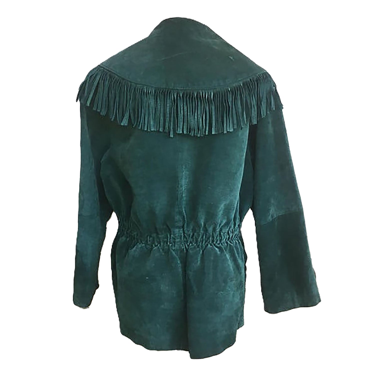 Western Fringe Green Suede Leather Long Jacket for Women side view