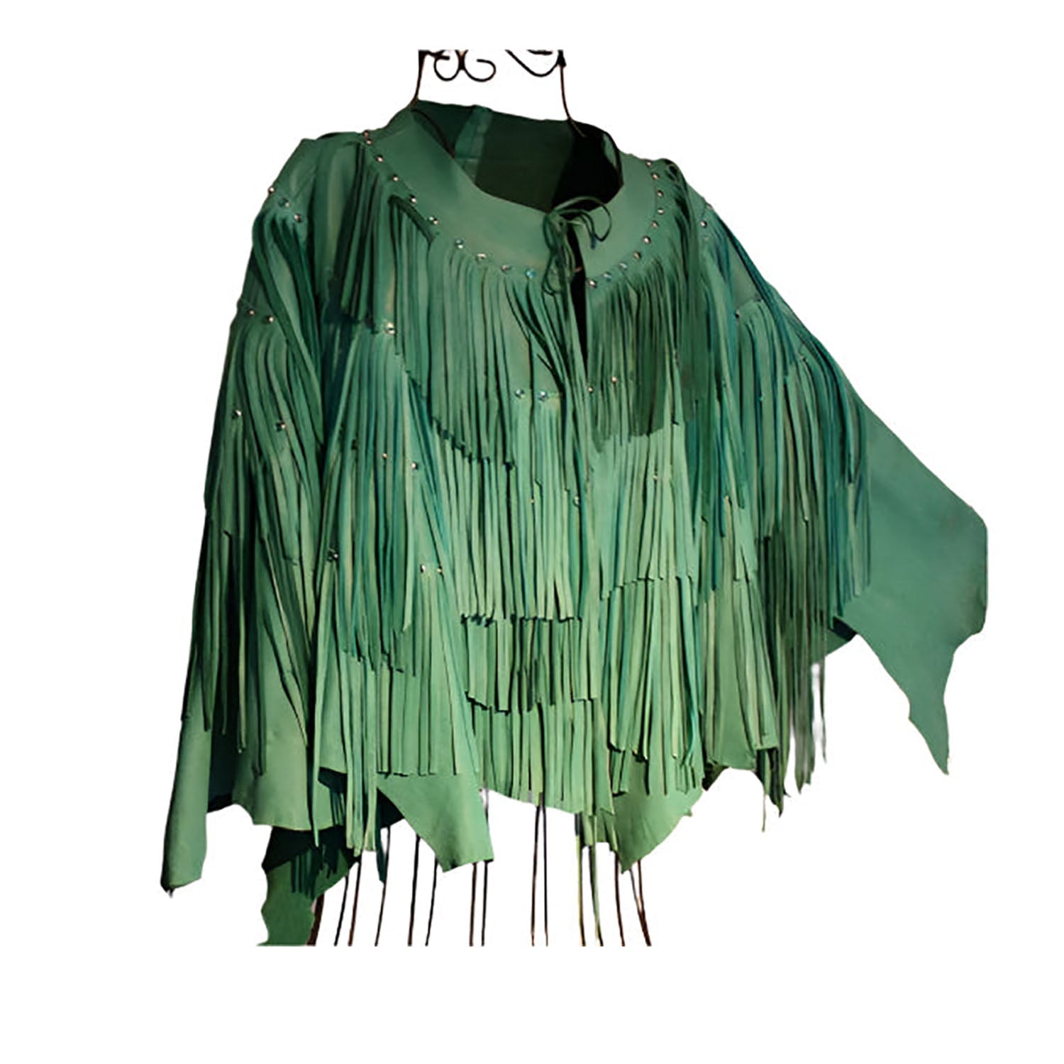 Western Fringe Green Suede Leather Loose Wear Jacket for Women front view