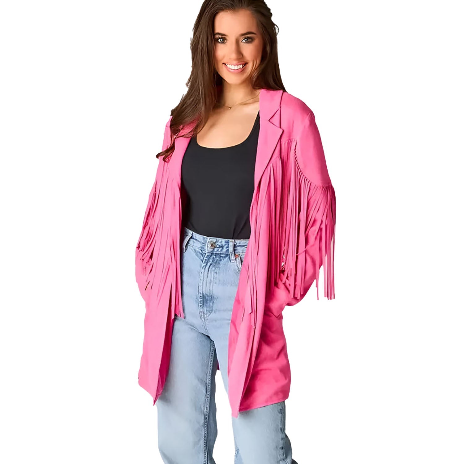 Western Fringe Pink Leather Long Jacket for Women front view