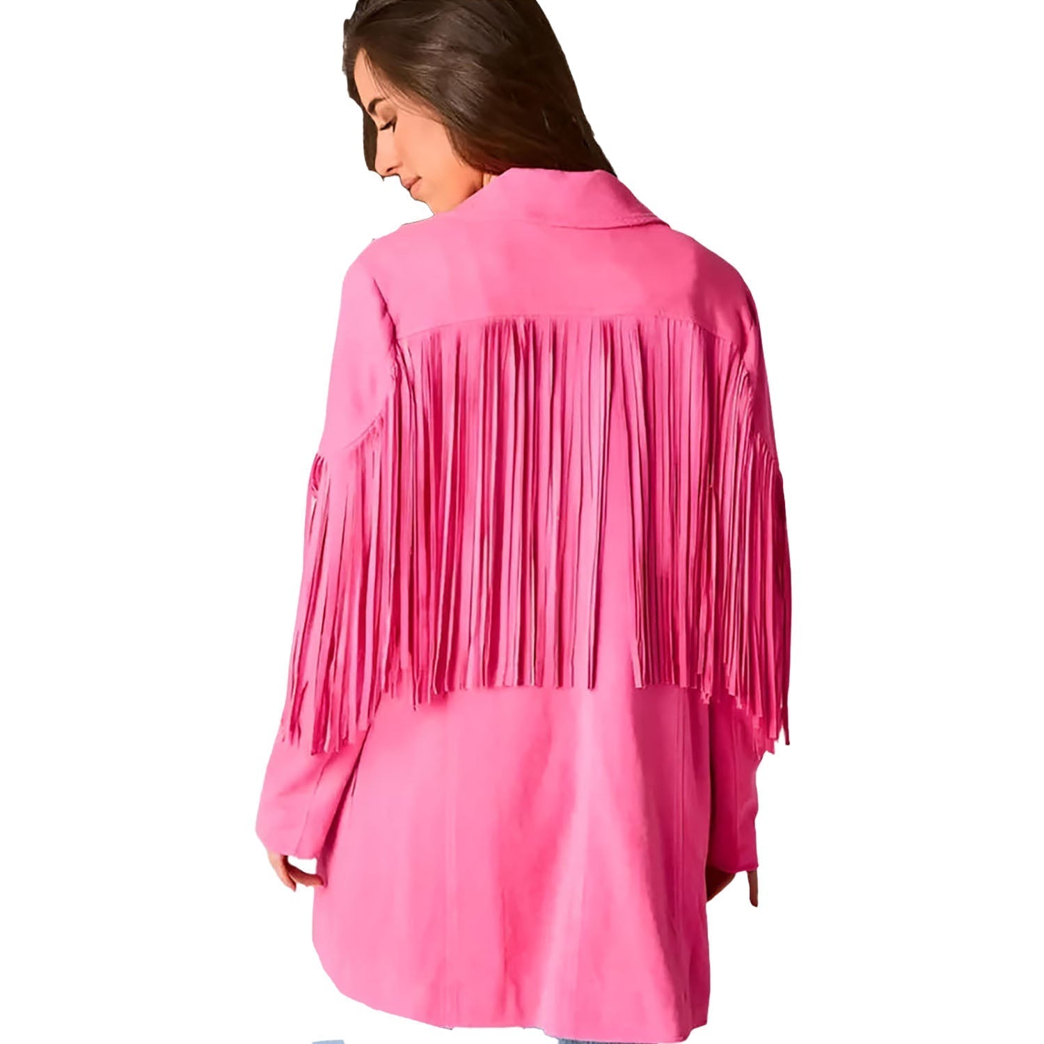 Western Fringe Pink Leather Long Jacket for Women side view