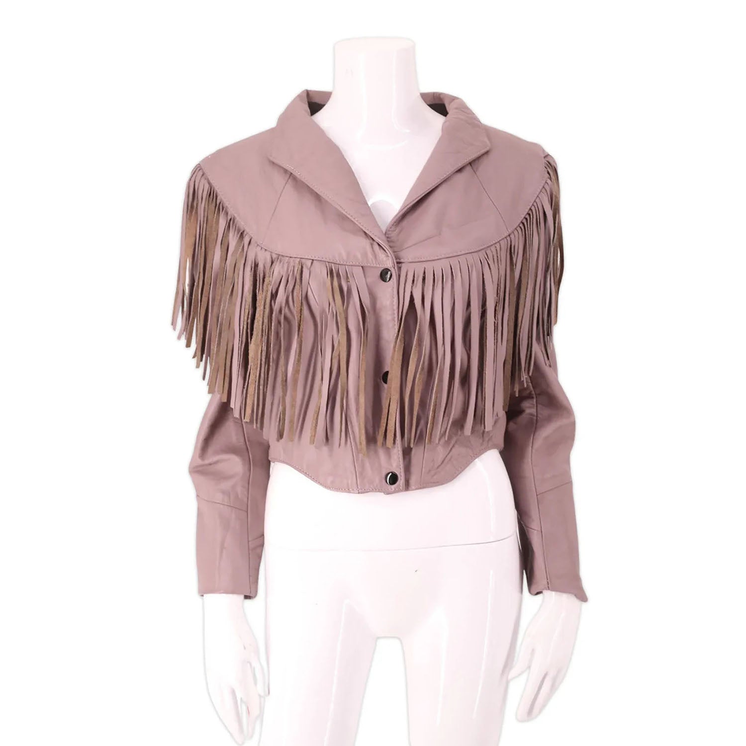 Western Fringe Pink Leather Short Jacket for Women front view