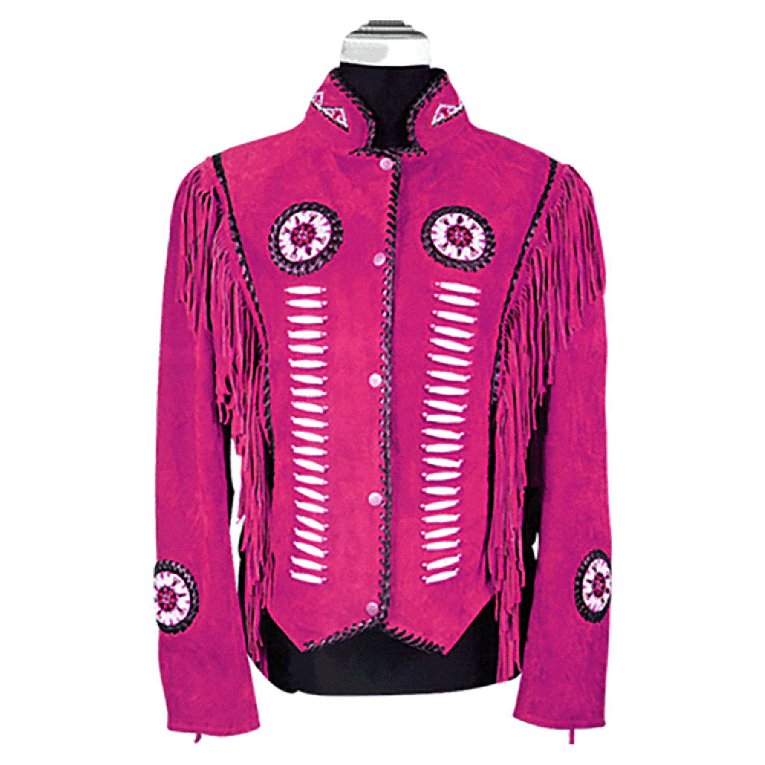Western Fringe Pink Suede Leather Jacket for Women front view