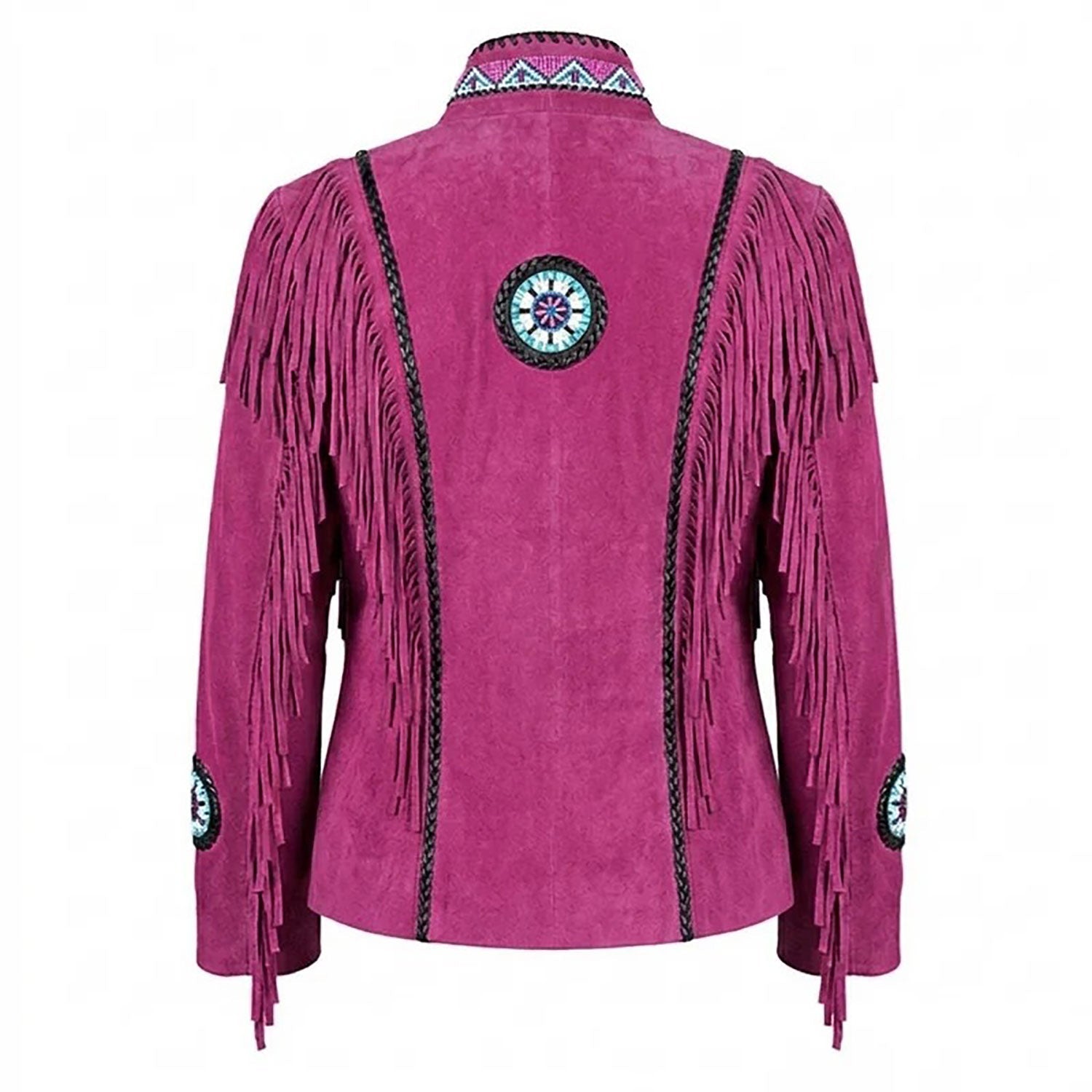 Western Fringe Pink Suede Leather Jacket for Women side view