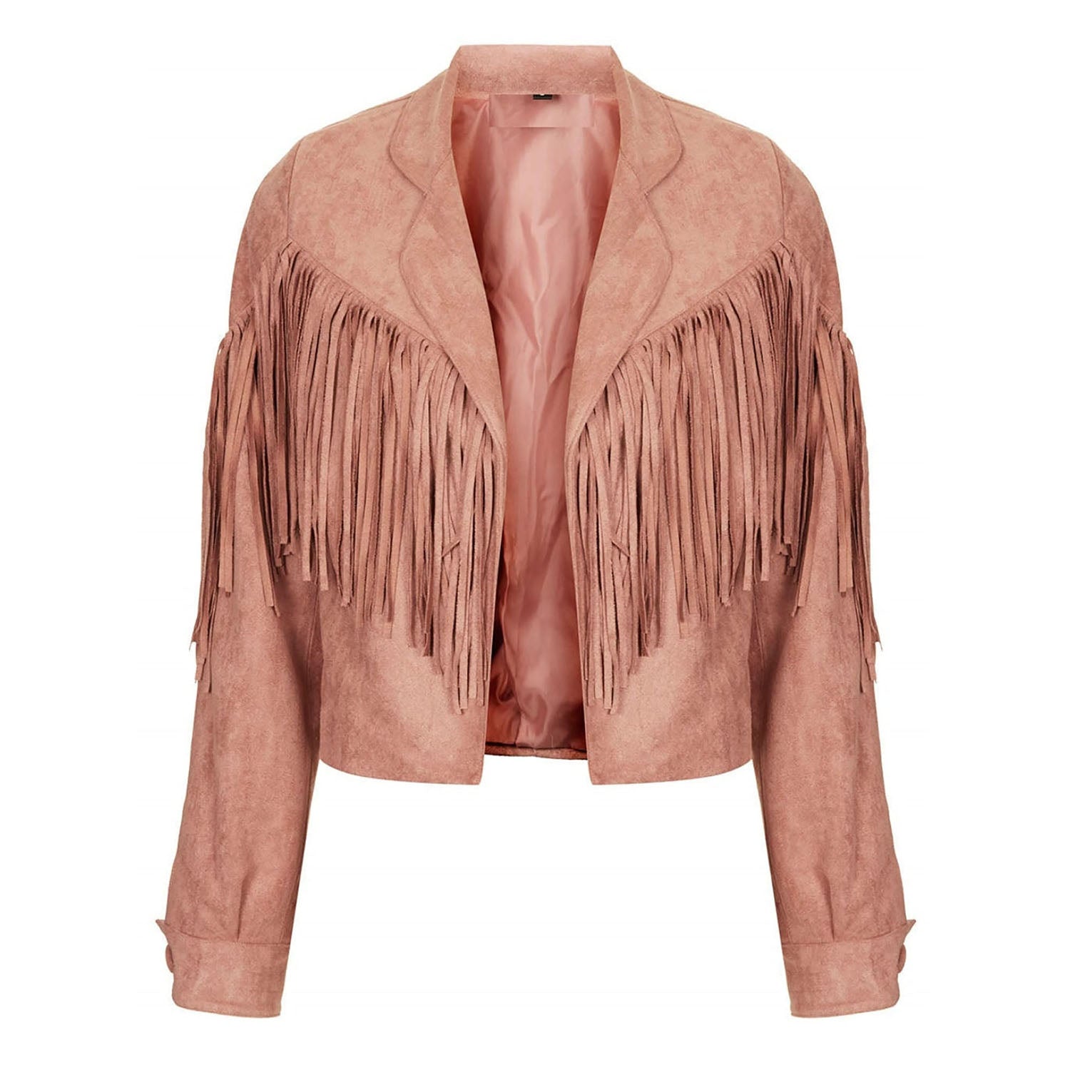 Western Fringe Pink Suede Leather Jacket for Women front view