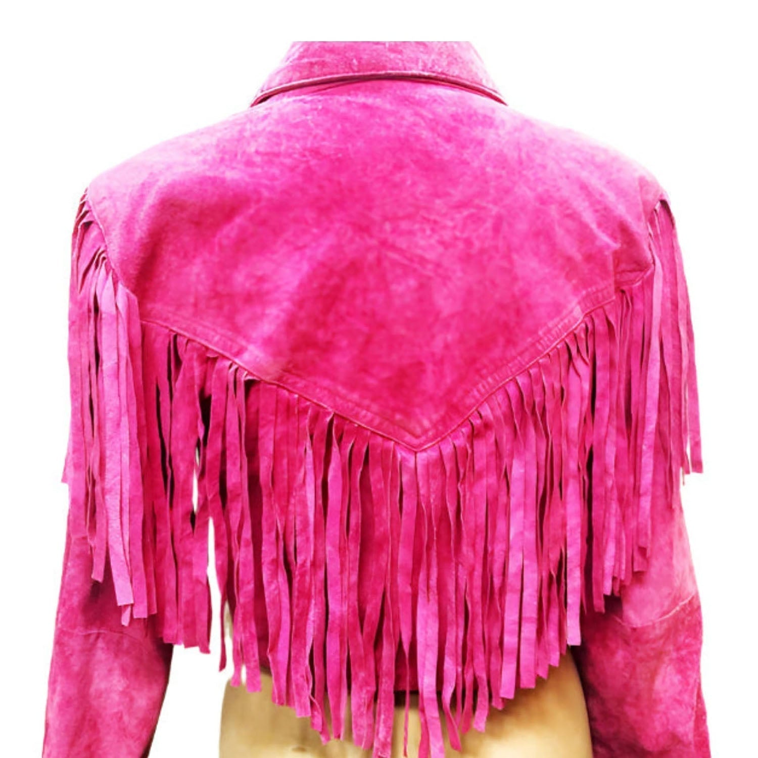 Western Fringe Pink Suede Leather Short Jacket for Women side view