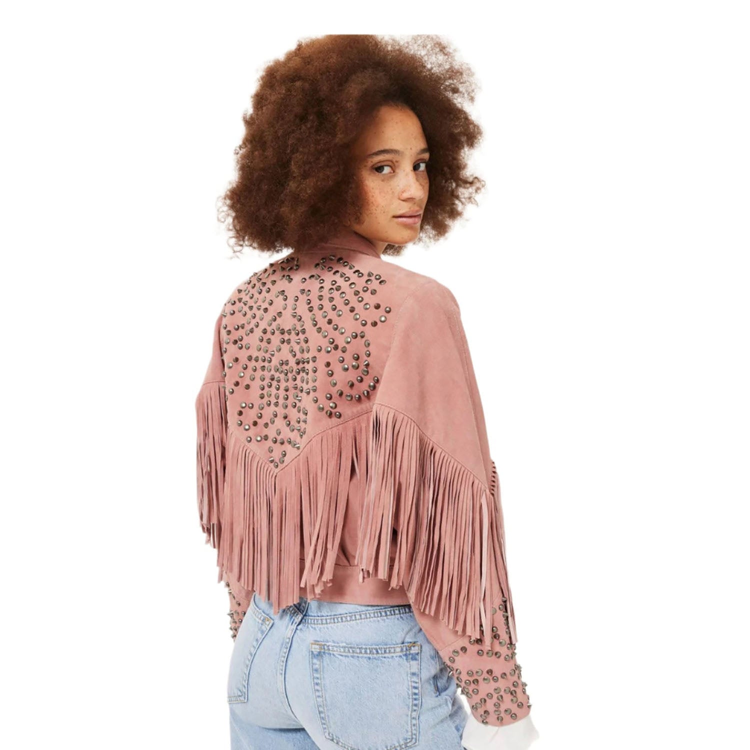 Western Fringe Pink Suede Leather Studded Jacket for Women side view