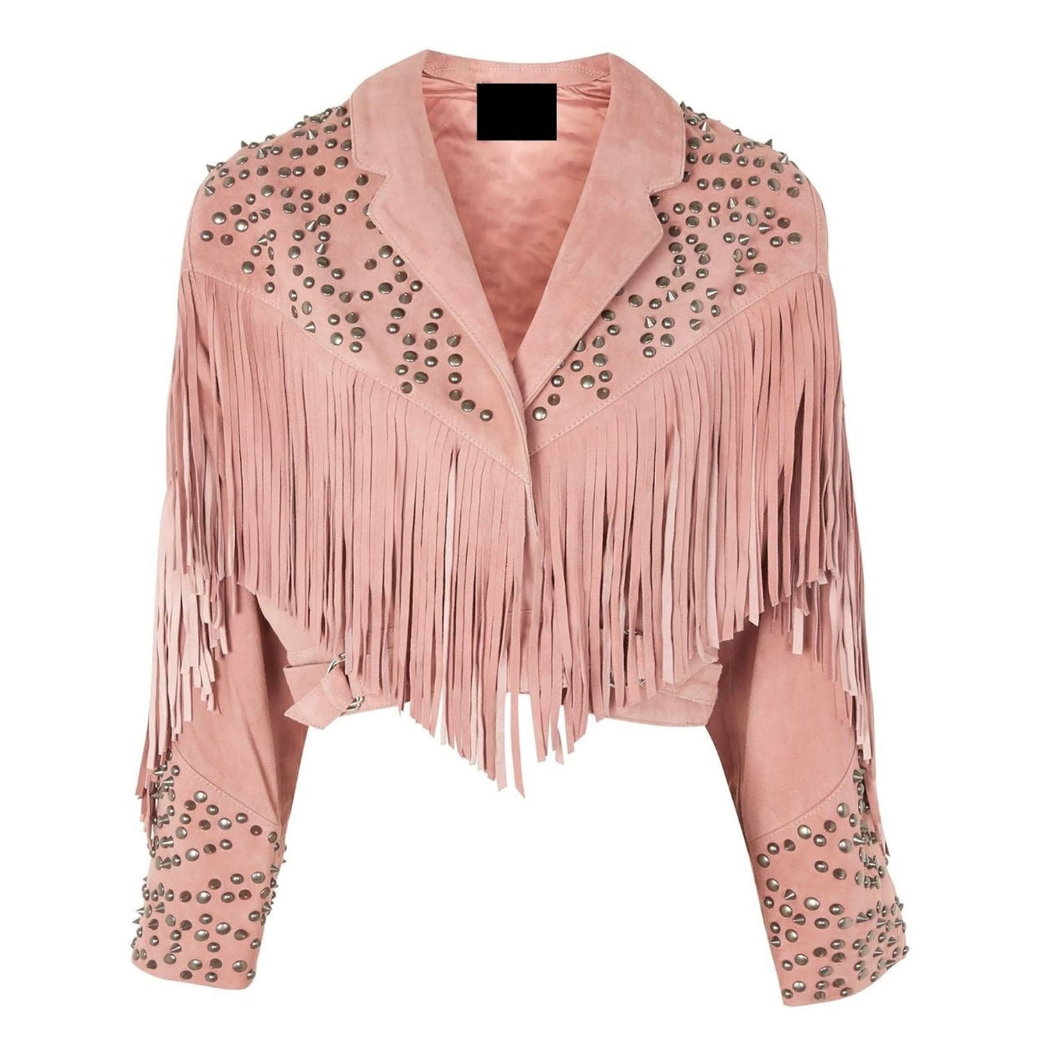 Western Fringe Pink Suede Leather Studded Jacket for Women front view