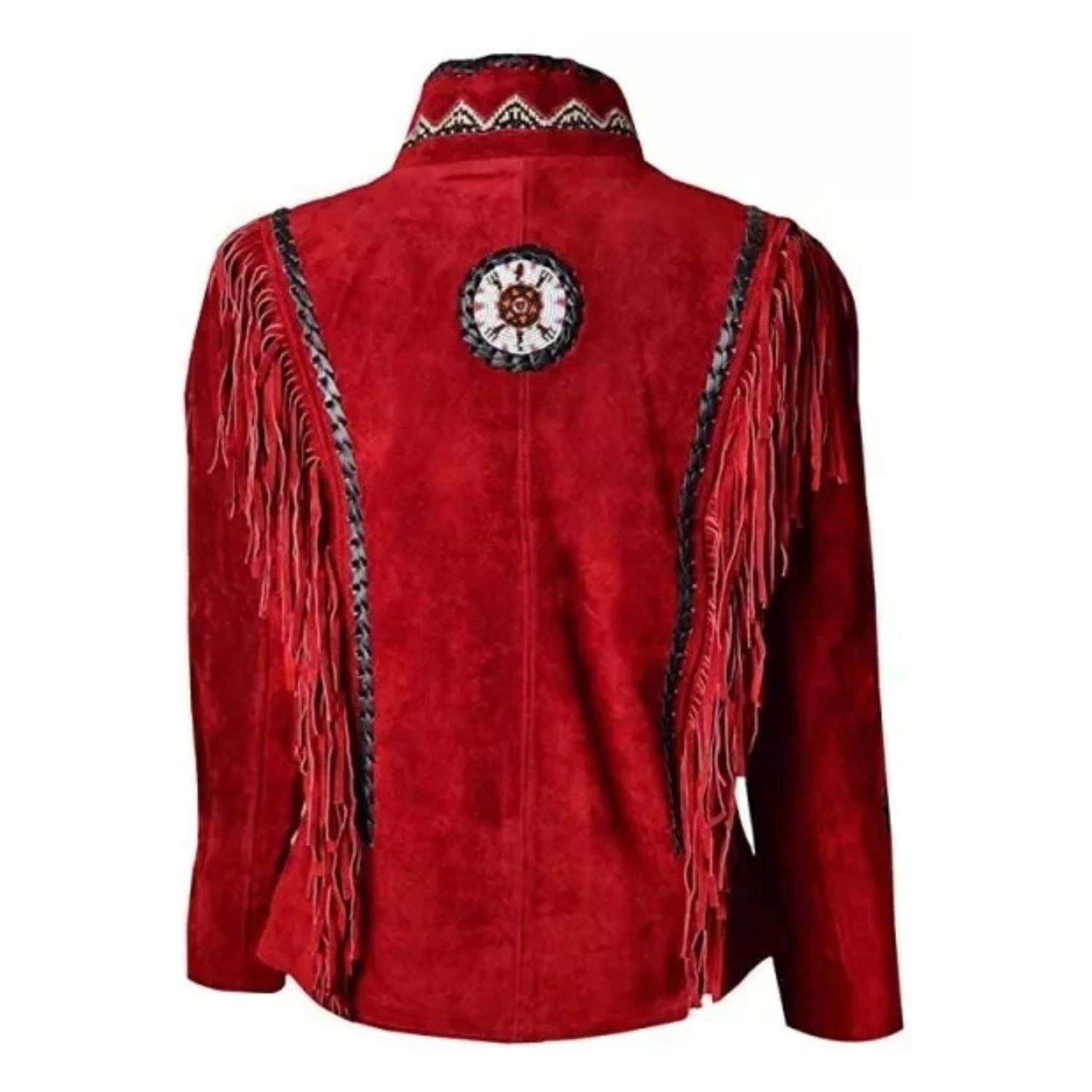 Western Fringe Red Suede Leather Beaded Jacket for Women side view