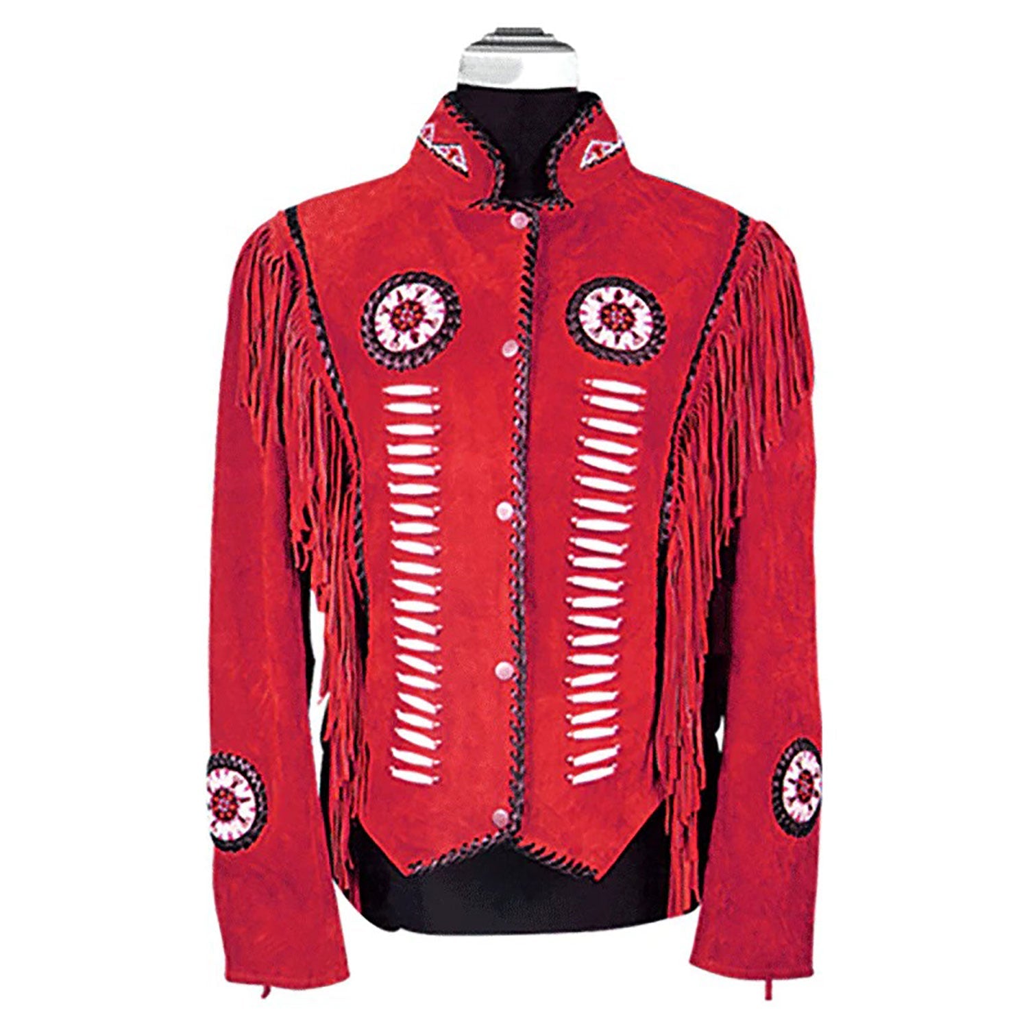 Western Fringe Red Suede Leather Beaded Jacket for Women front view