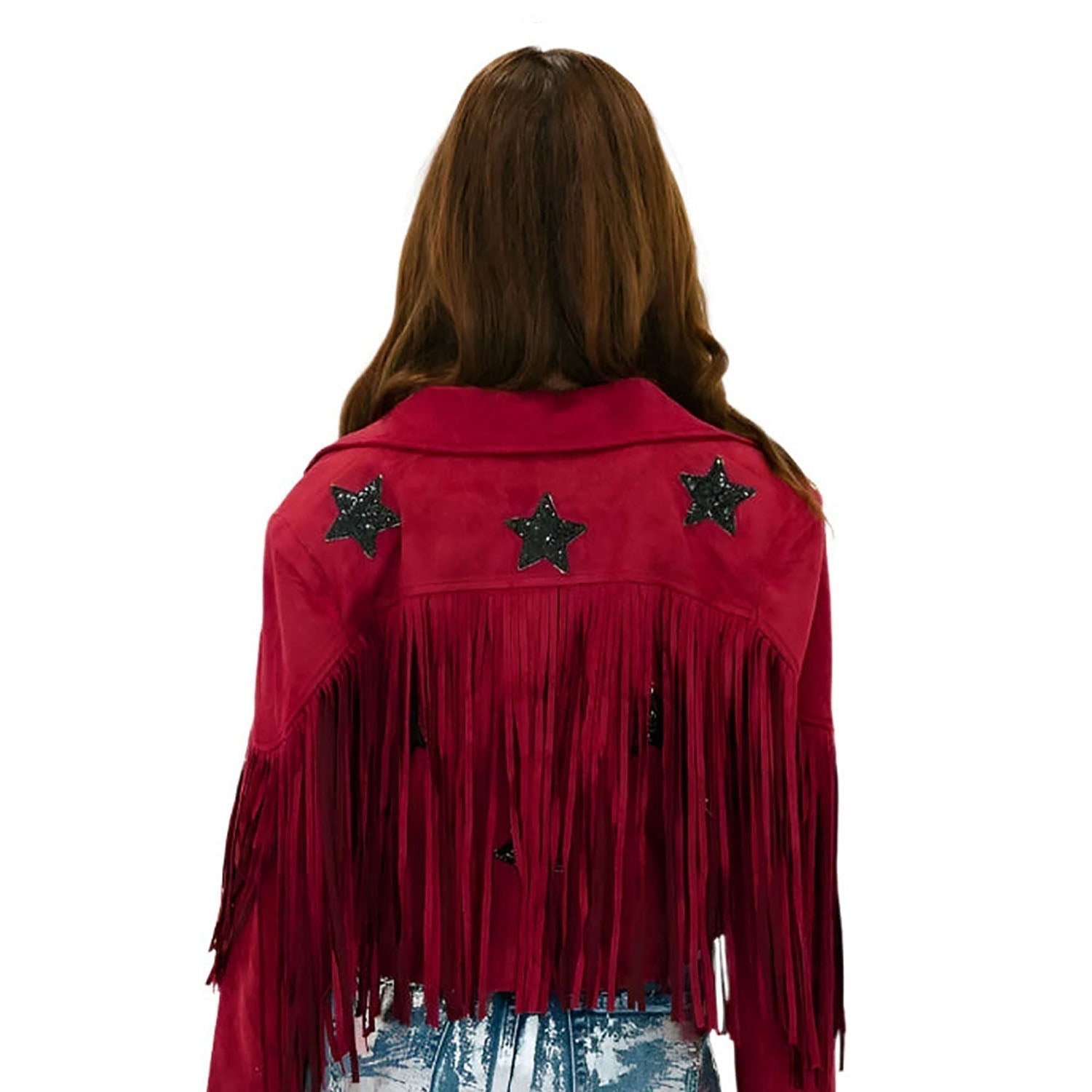 Western Fringe Red Suede Leather Jacket for Women side view