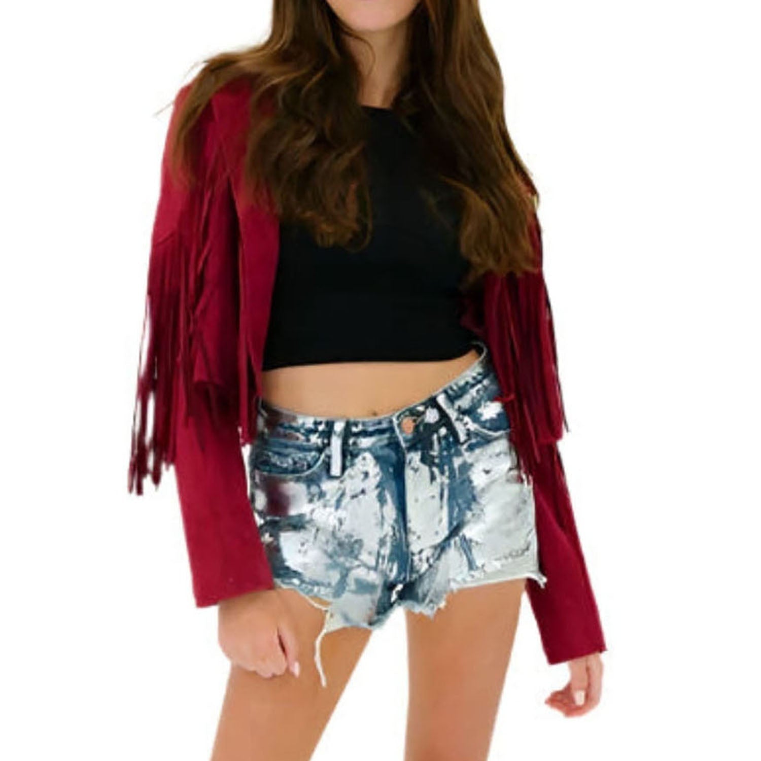 Western Fringe Red Suede Leather Jacket for Women front view