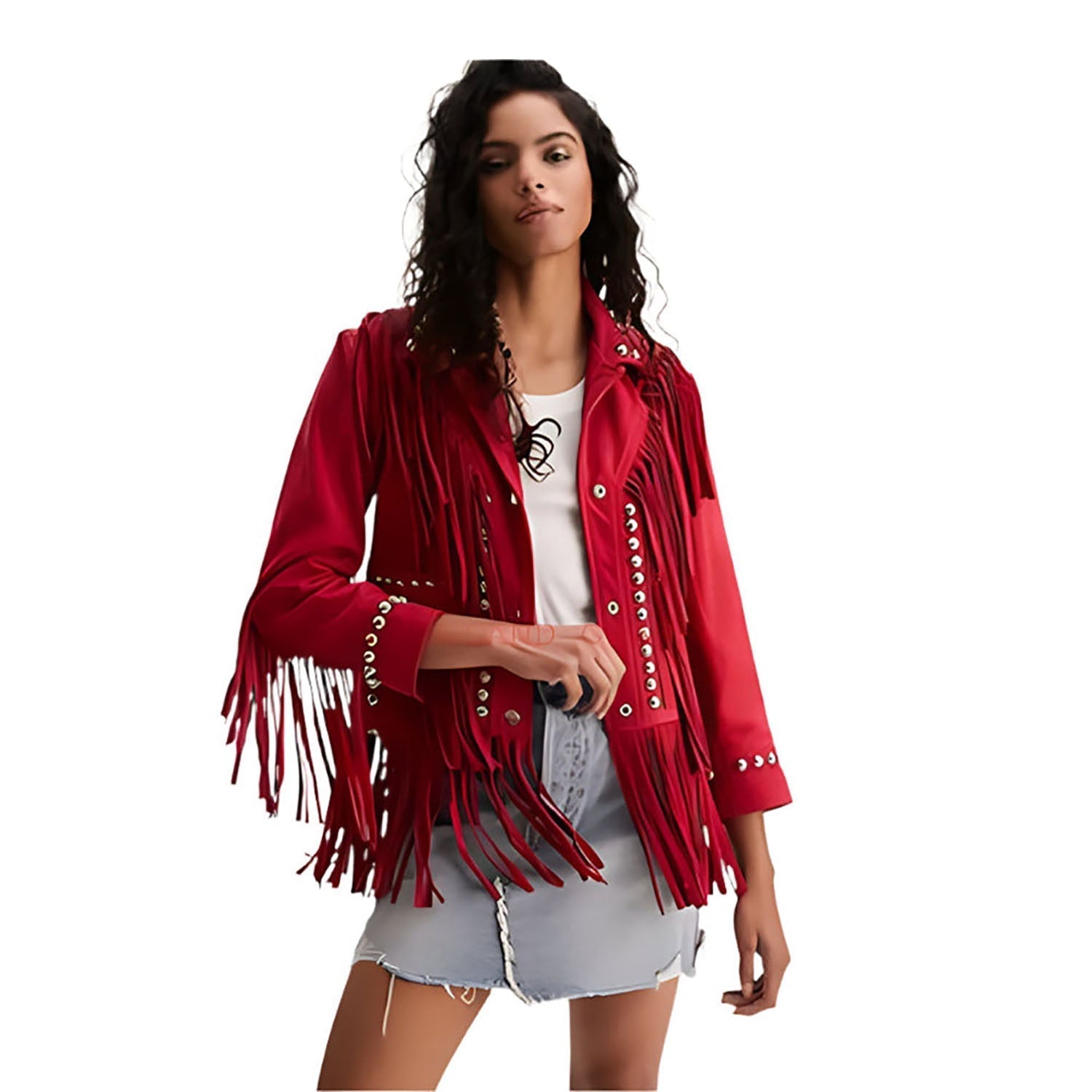 Western Fringe Red Suede Leather Studded Jacket for Women front view