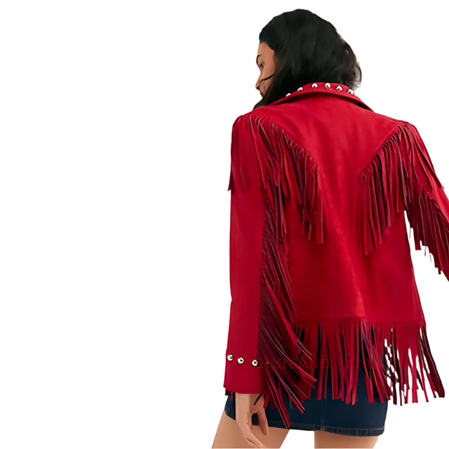 Western Fringe Red Suede Leather Studded Jacket for Women side view