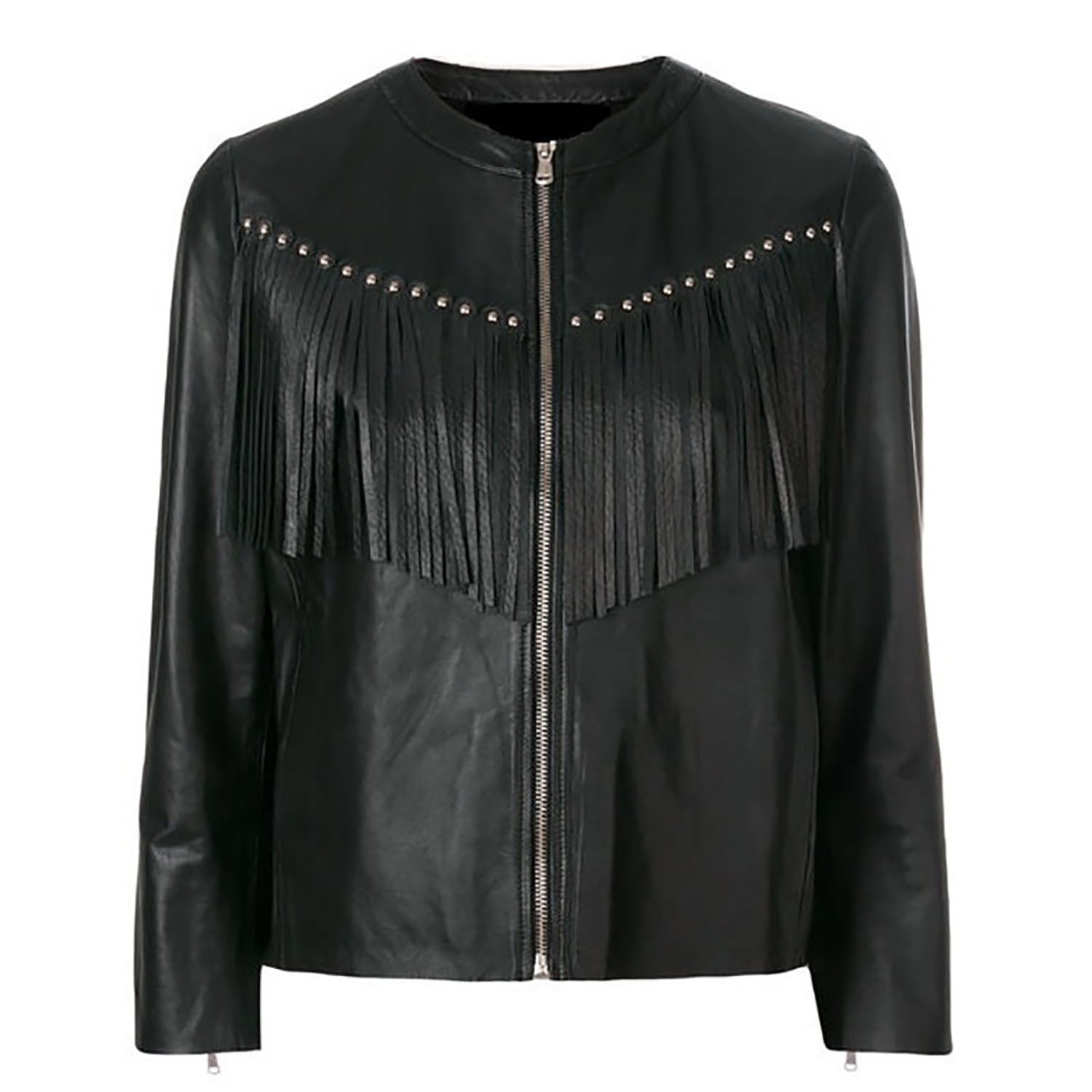Western Fringe Stud Black Leather Jacket for Women Cowgirl front view