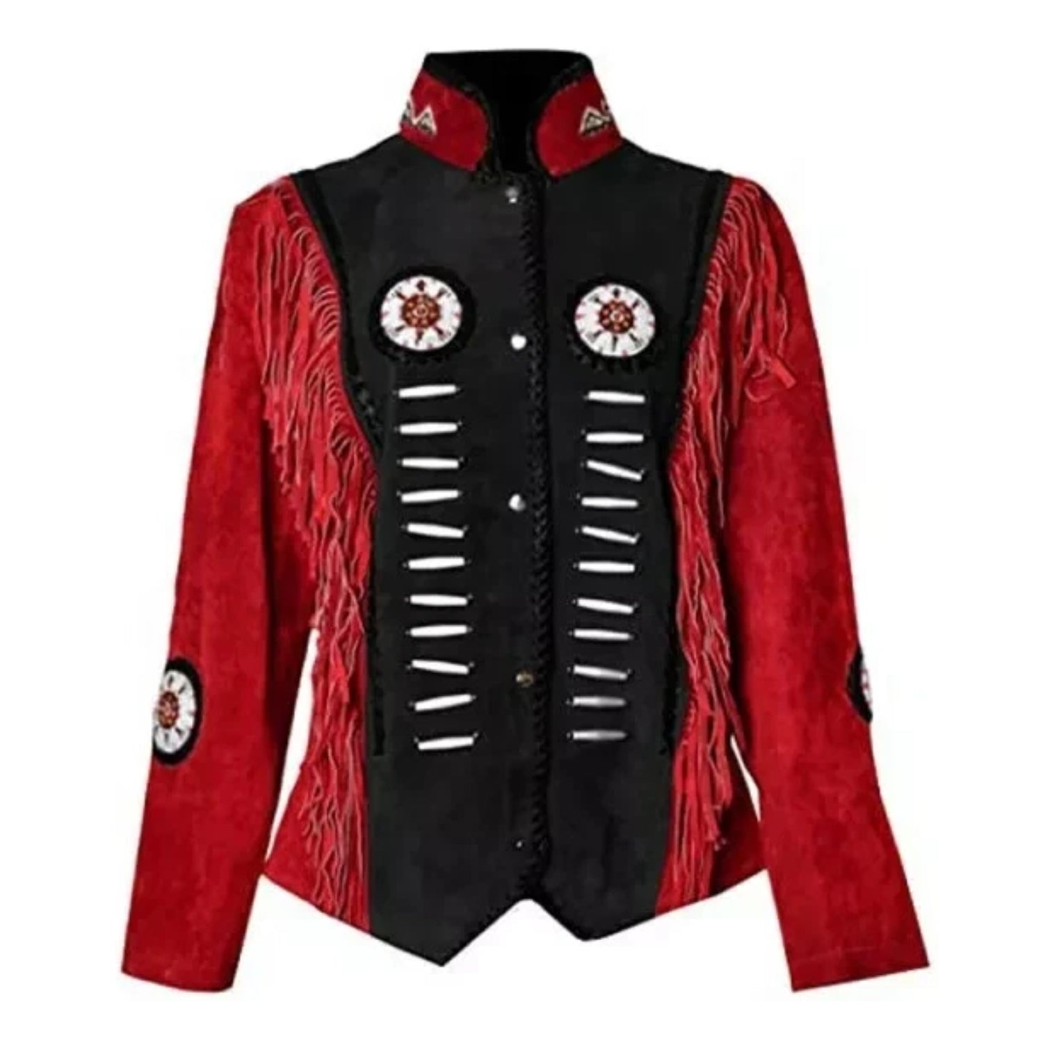 Western Fringe Suede Leather Bone Beaded Jacket for Women full view