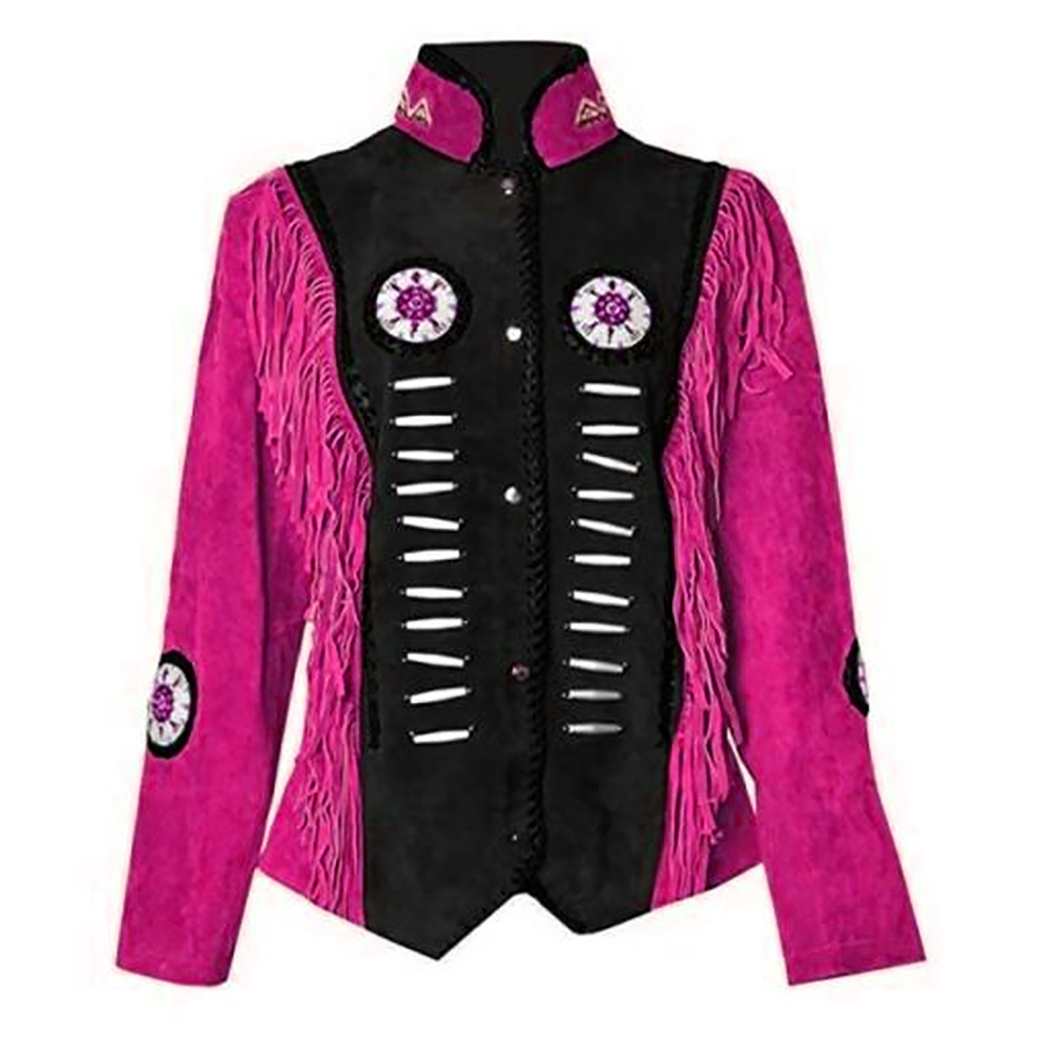 Western Fringe Suede Leather Bone Beaded Jacket for Women front view