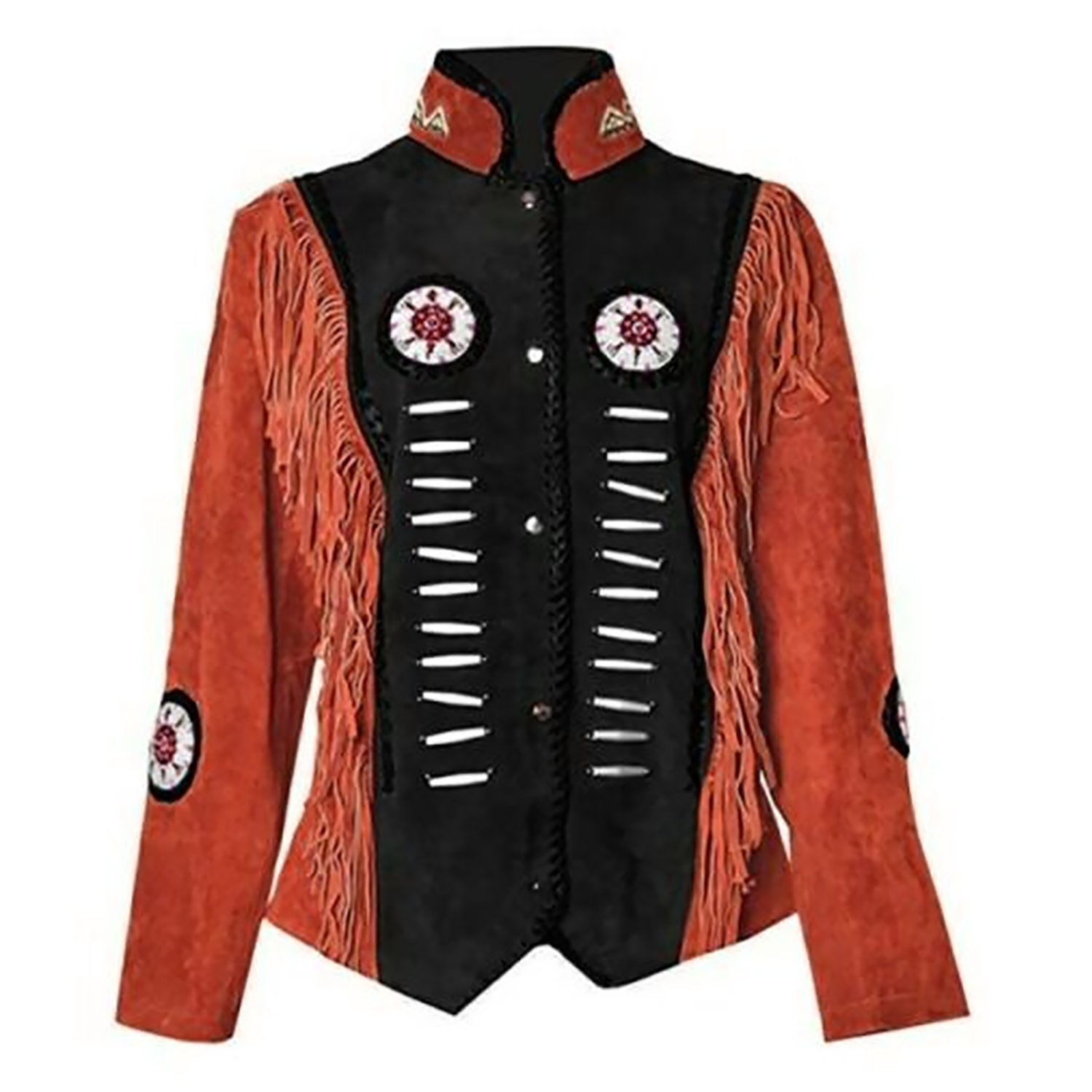 Western Fringe Suede Leather Bone Beaded Jacket for Women side view