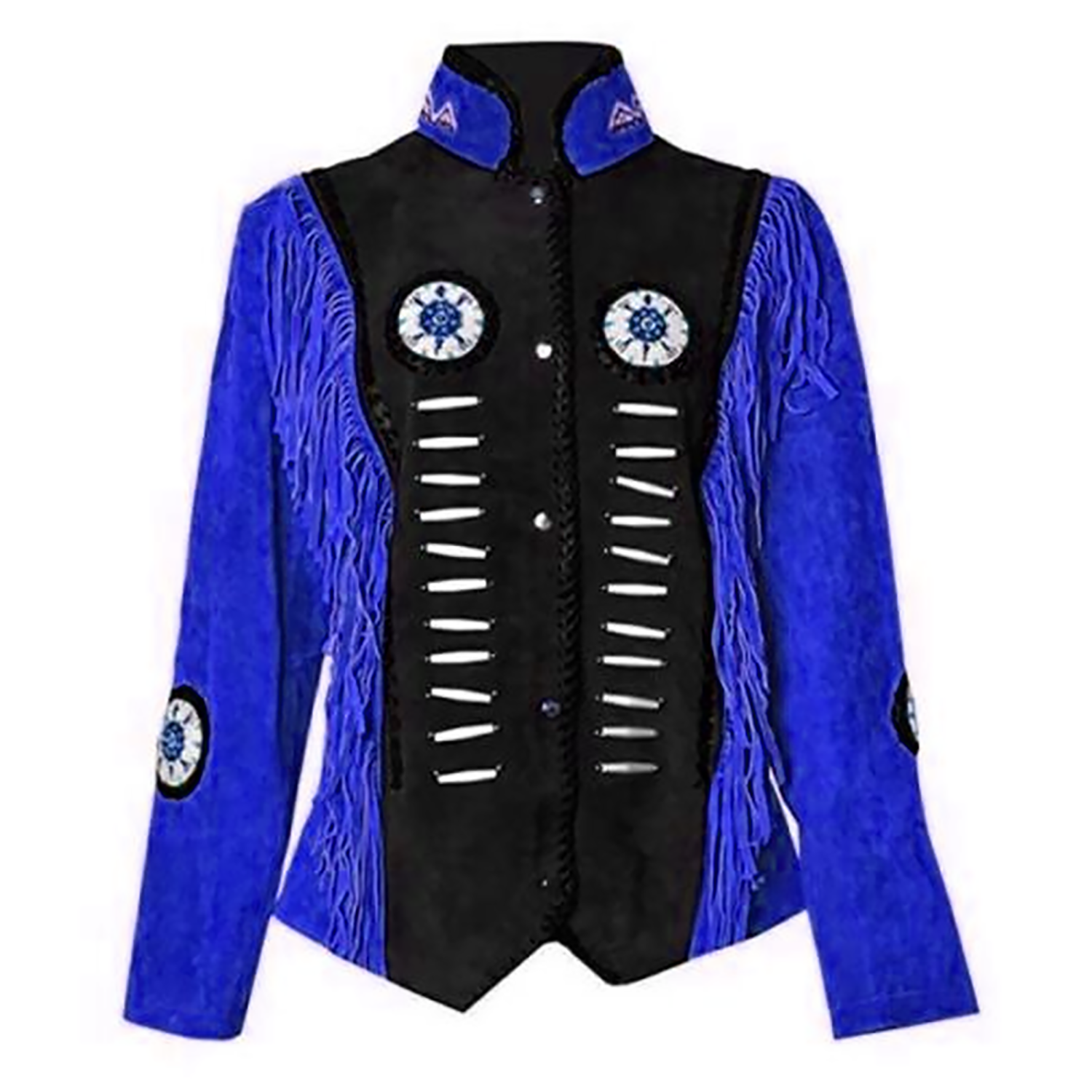 Western Fringe Suede Leather Bone Beaded Jacket for Women close-up detail