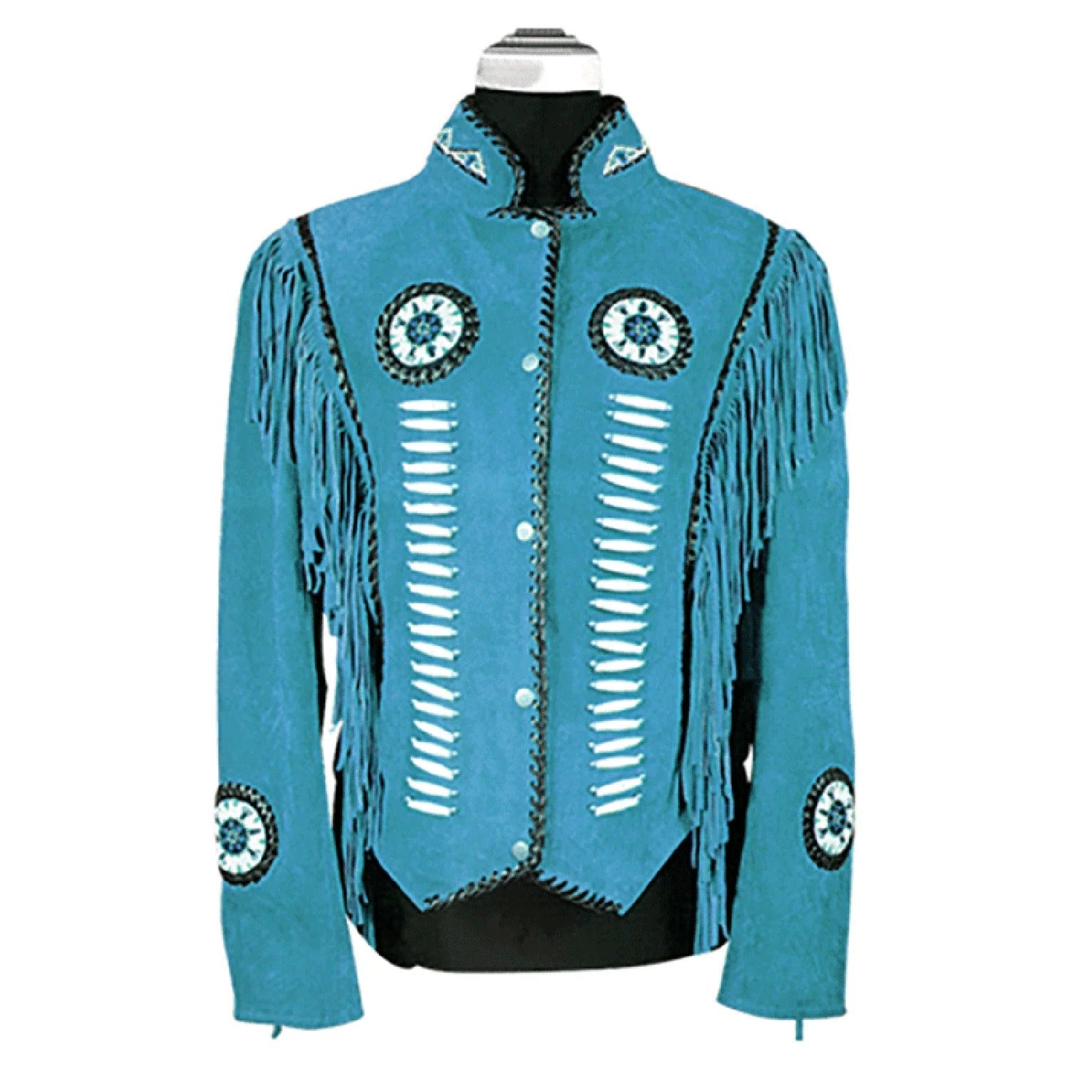 Western Fringe Turquoise Suede Leather Beaded Jacket for Women front view