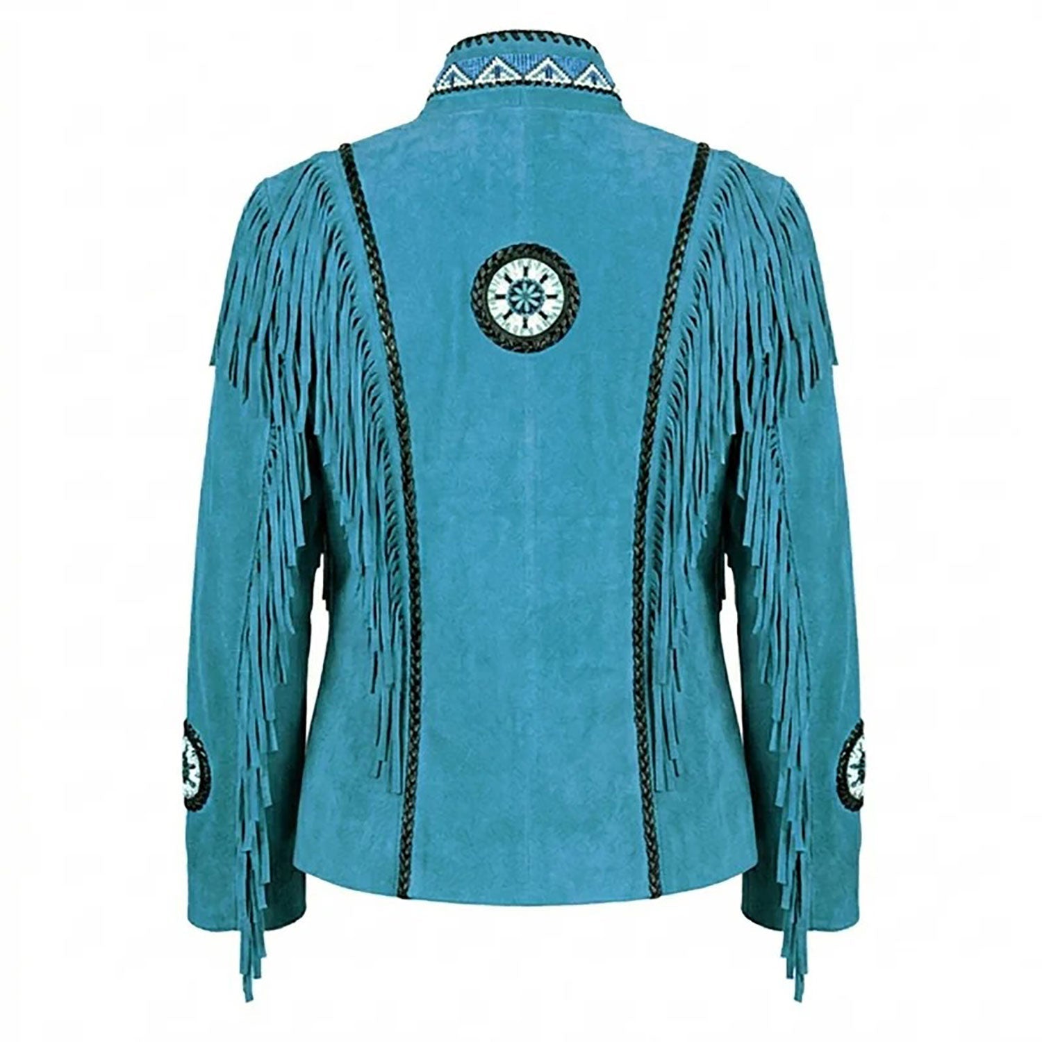 Western Fringe Turquoise Suede Leather Beaded Jacket for Women side view