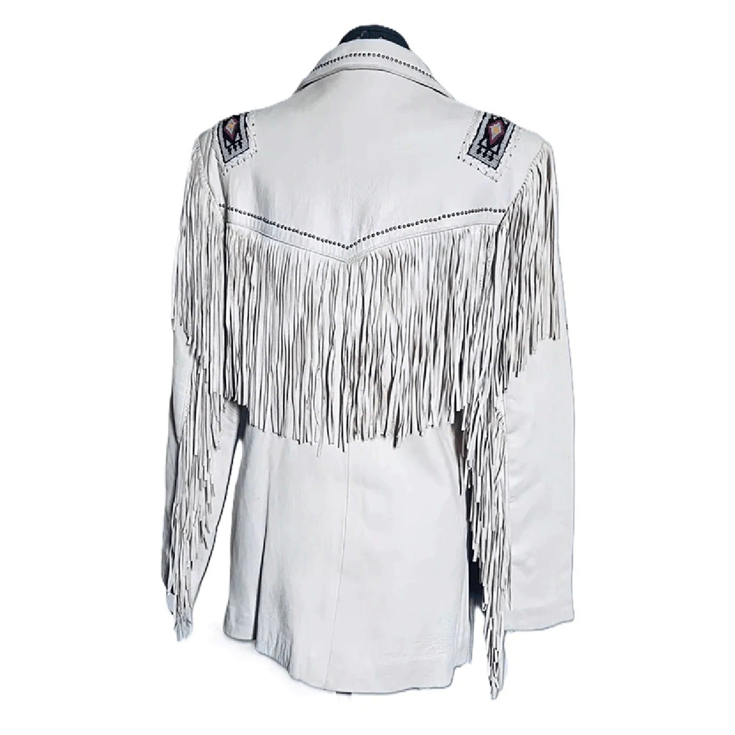 The white leather fringe jacket, pictured from the side