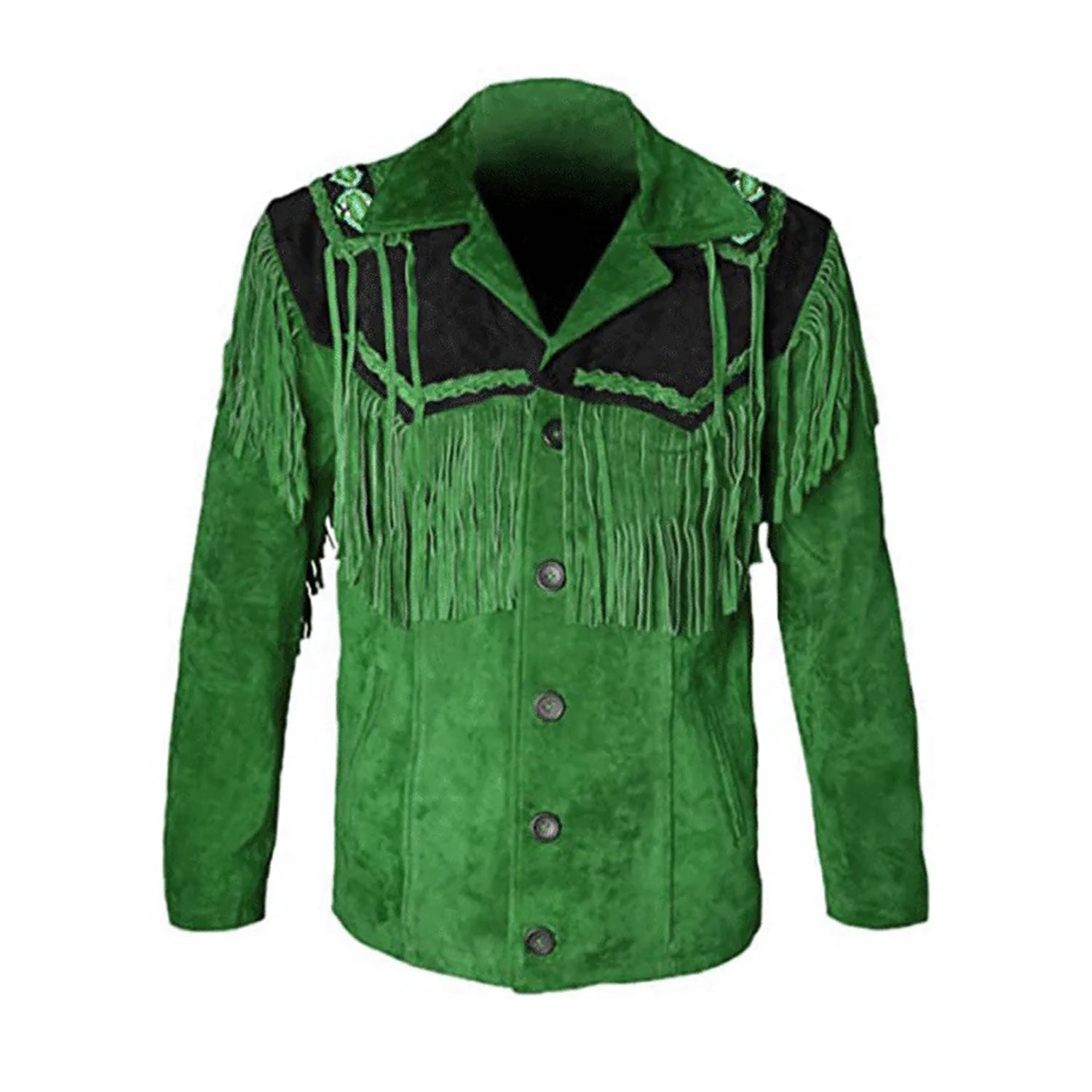 Green suede leather fringe jacket with beaded detailing, detail shot