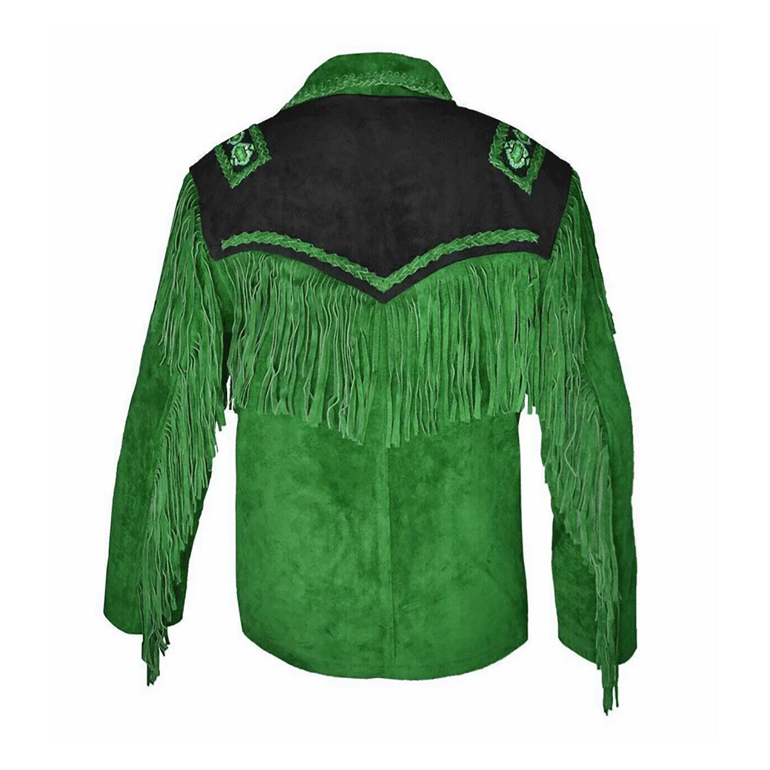 Green suede leather fringe jacket with beaded detailing, front view