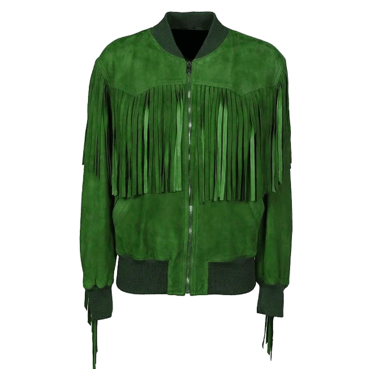 Full display of the green suede leather fringe jacket for men