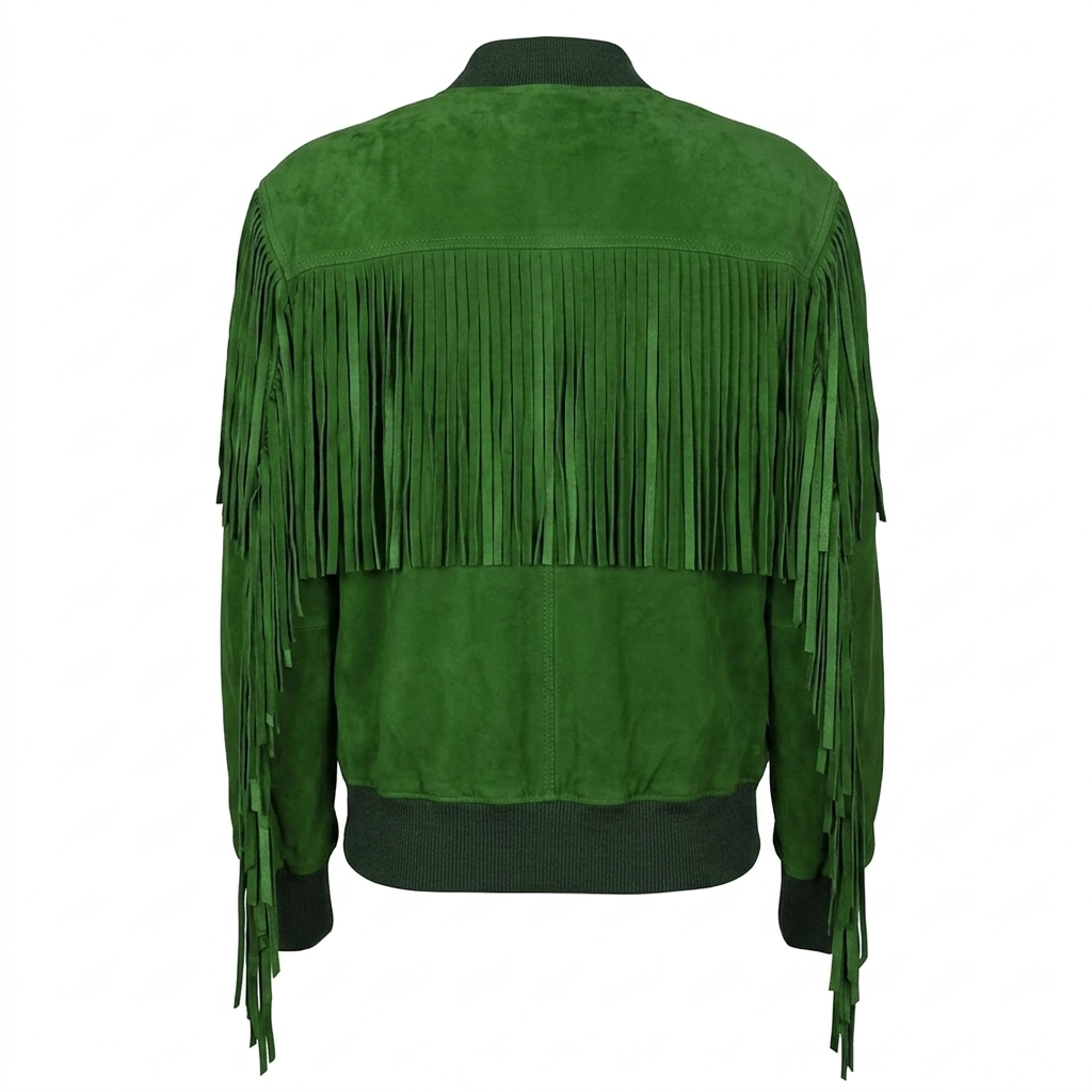 Detail shot of the green suede leather fringe jacket for men