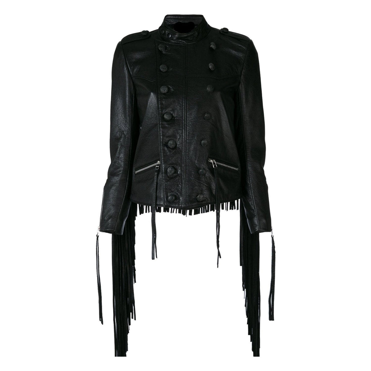 Western Long Fringe Black Leather Jacket for Women Cowgirl front view