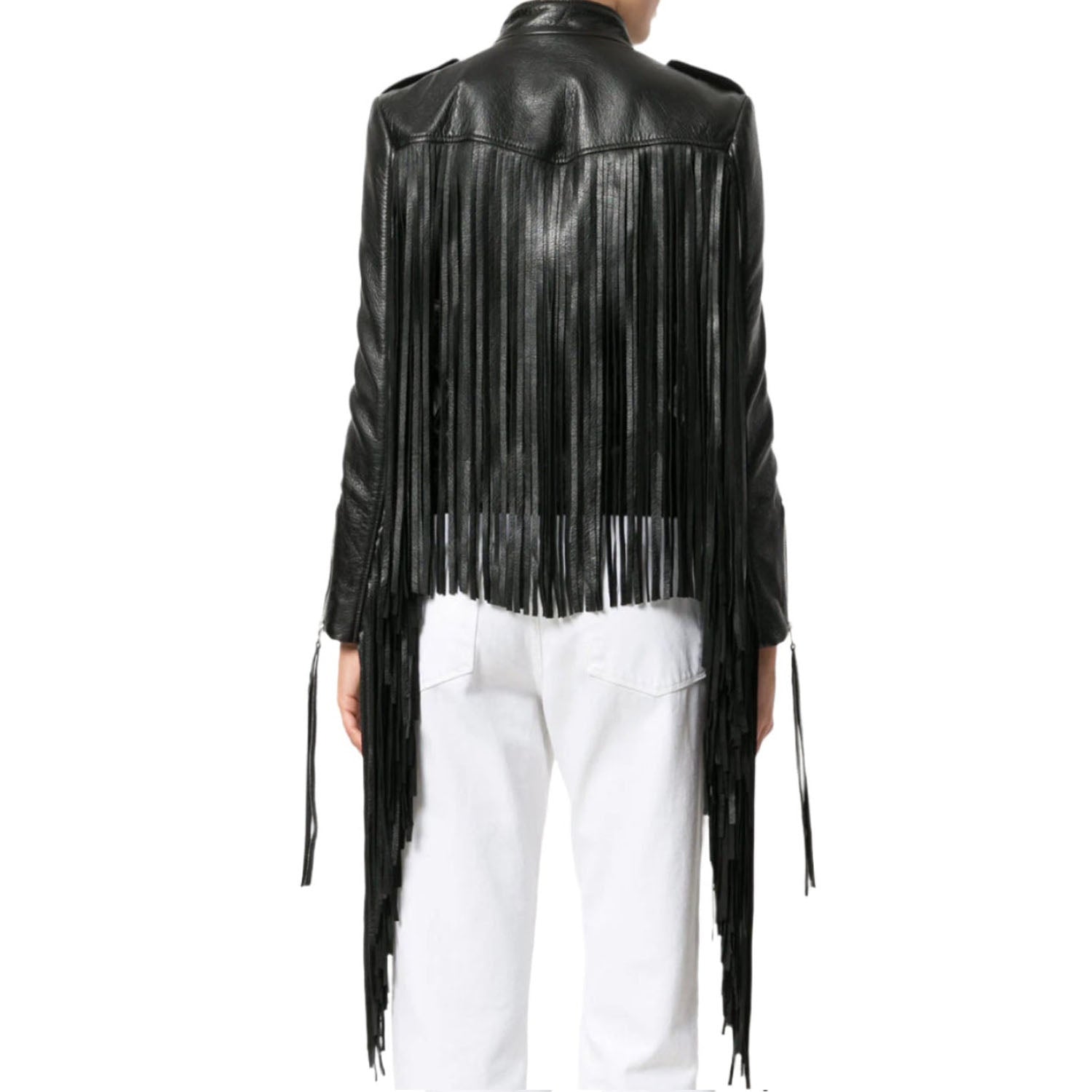 Western Long Fringe Black Leather Jacket for Women Cowgirl side view