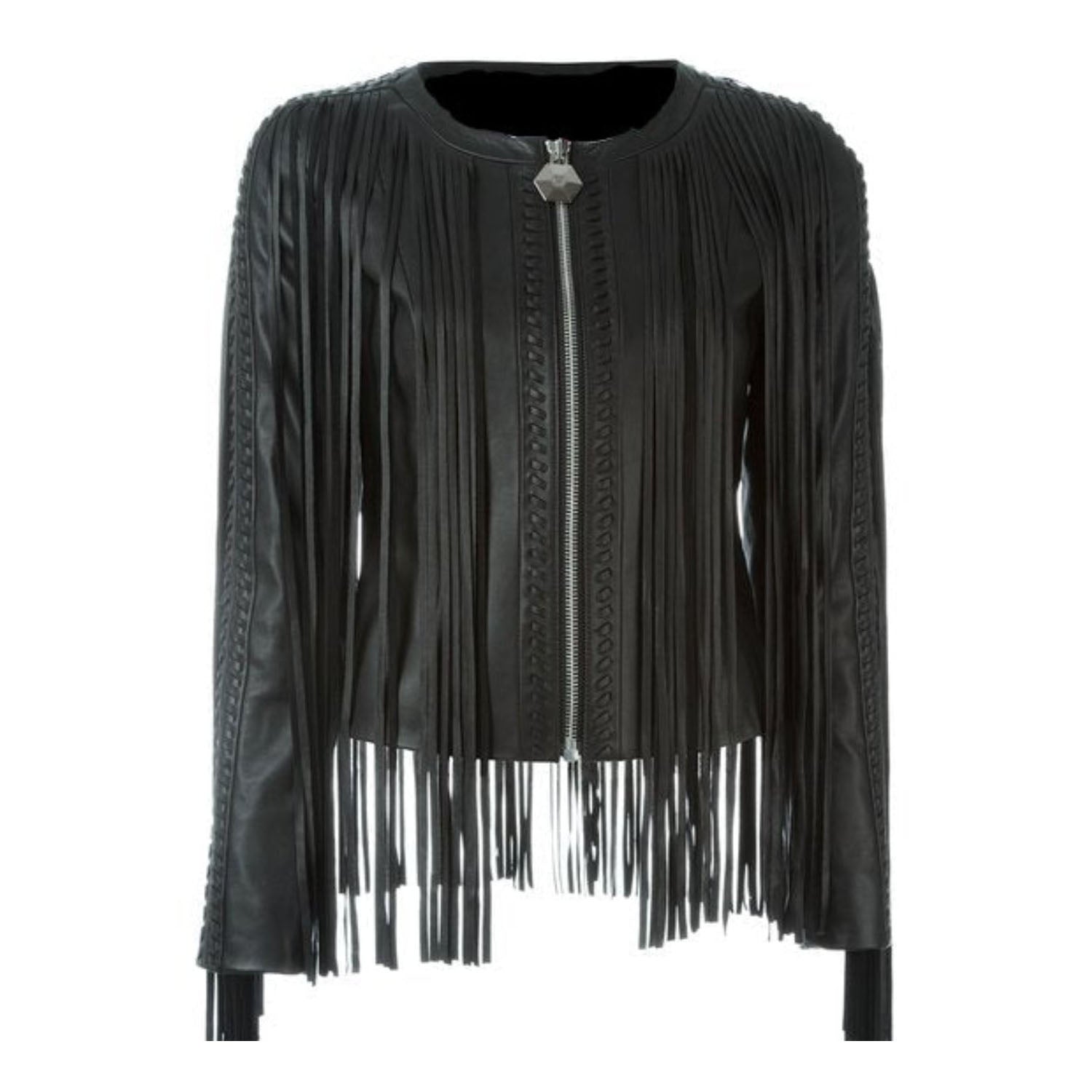 Western Long Fringe Black Leather Jacket for Women Cowgirl front view