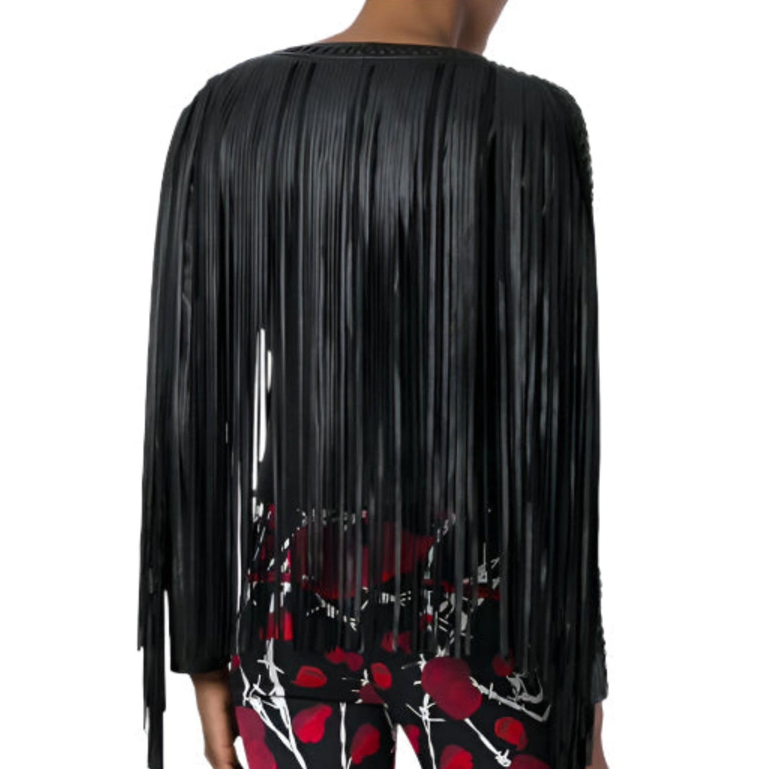 Western Long Fringe Black Leather Jacket for Women Cowgirl side view