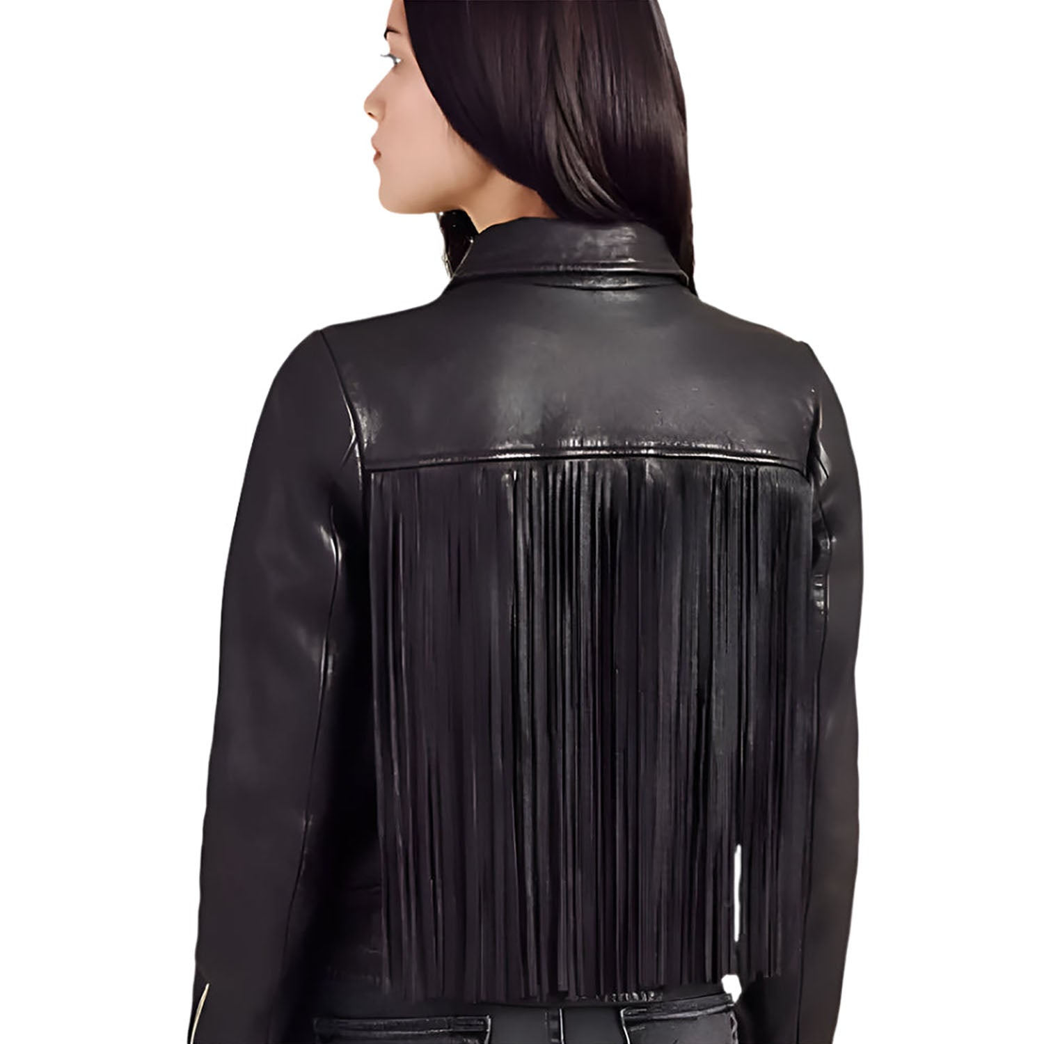 Western Long Fringe Black Leather Jacket for Women Cowgirl side view