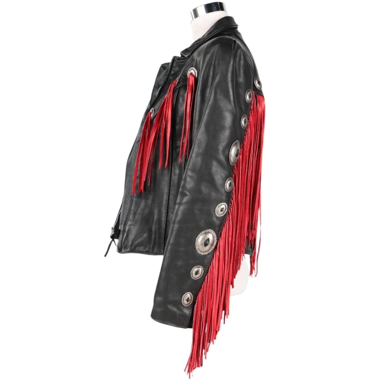 Western Red Fringe Black Leather Jacket for Women Cowgirl side view