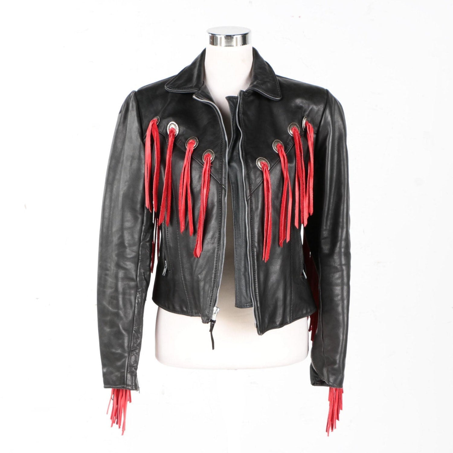 Western Red Fringe Black Leather Jacket for Women Cowgirl front view