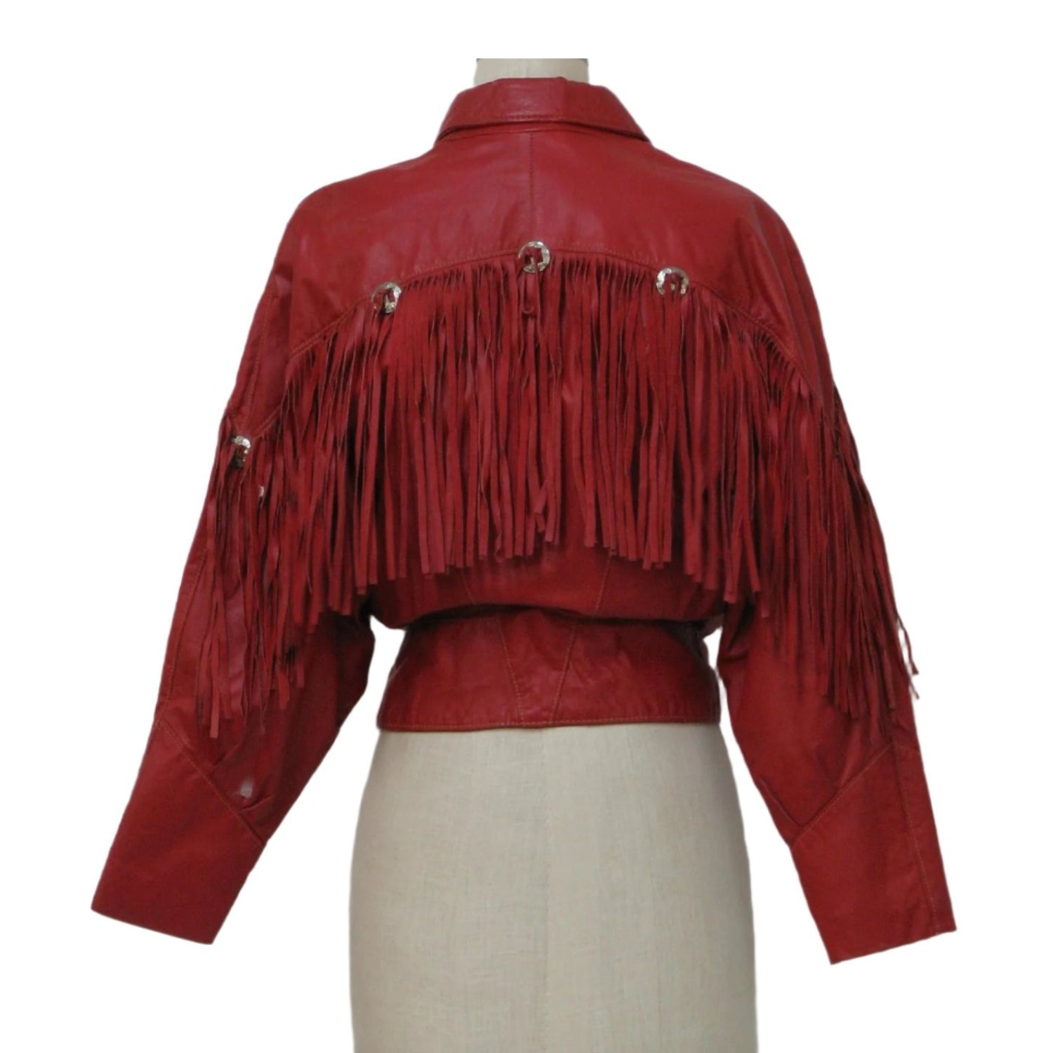 Western Red Leather Fringe Cowgirl Biker Jacket side view