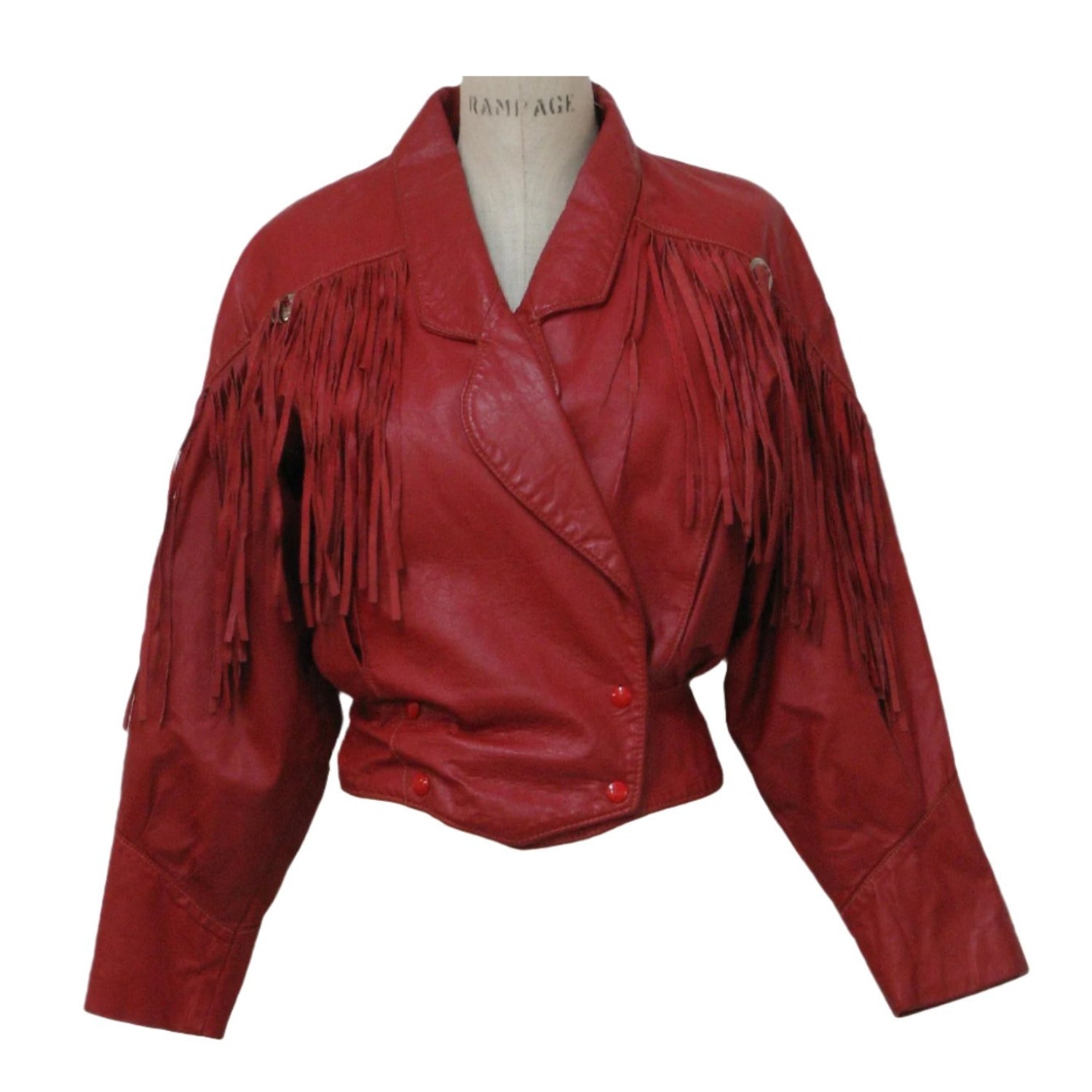Western Red Leather Fringe Cowgirl Biker Jacket front view
