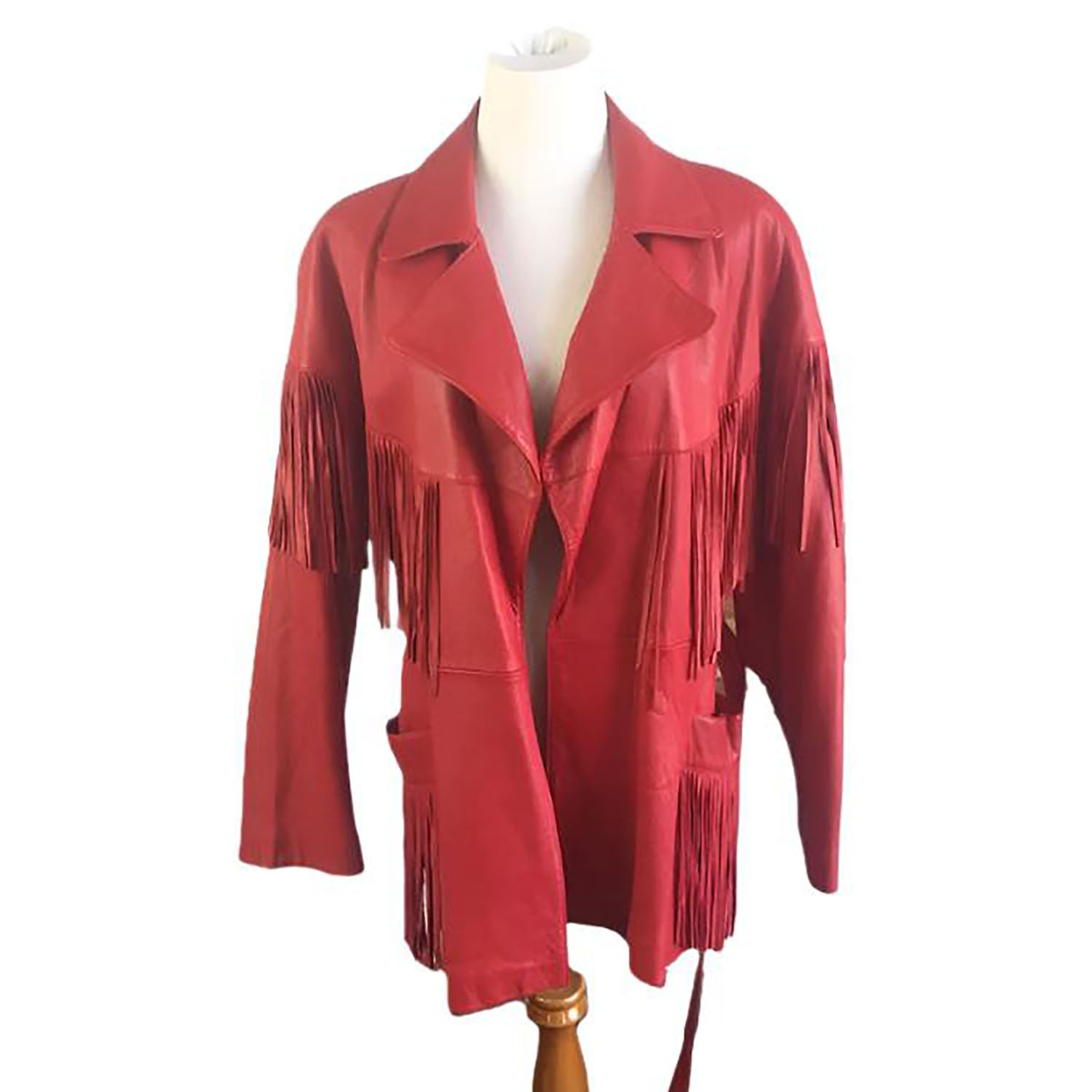 Western Red Leather Fringe Jacket Coat with Belt front view