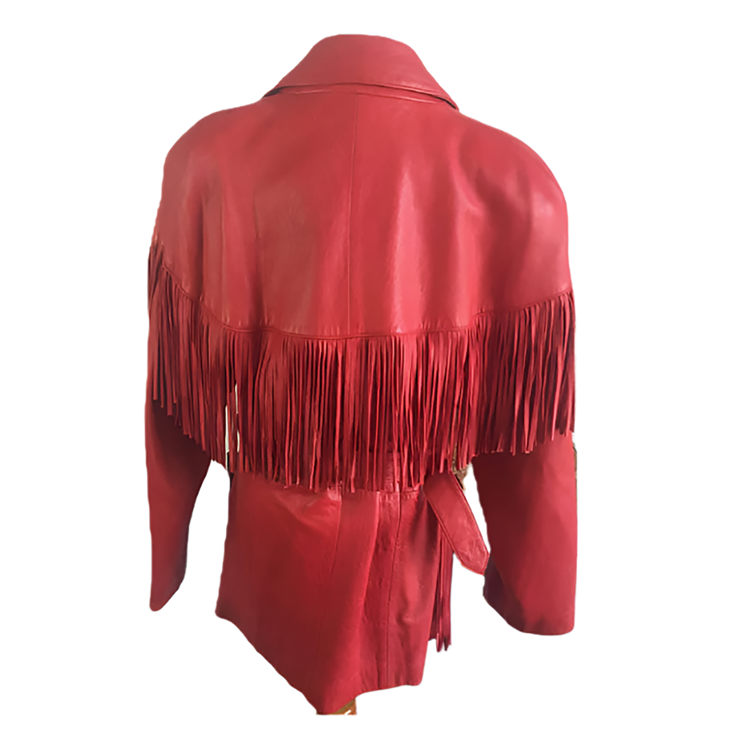 Western Red Leather Fringe Jacket Coat with Belt side view