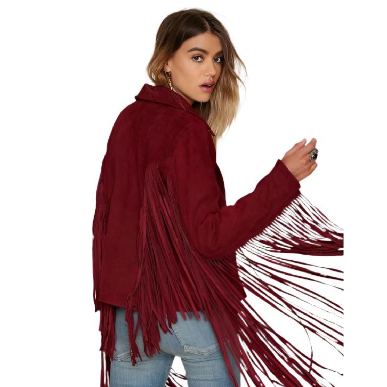 Western Red Maroon Suede Leather Long Fringe Cowgirl Jacket side view