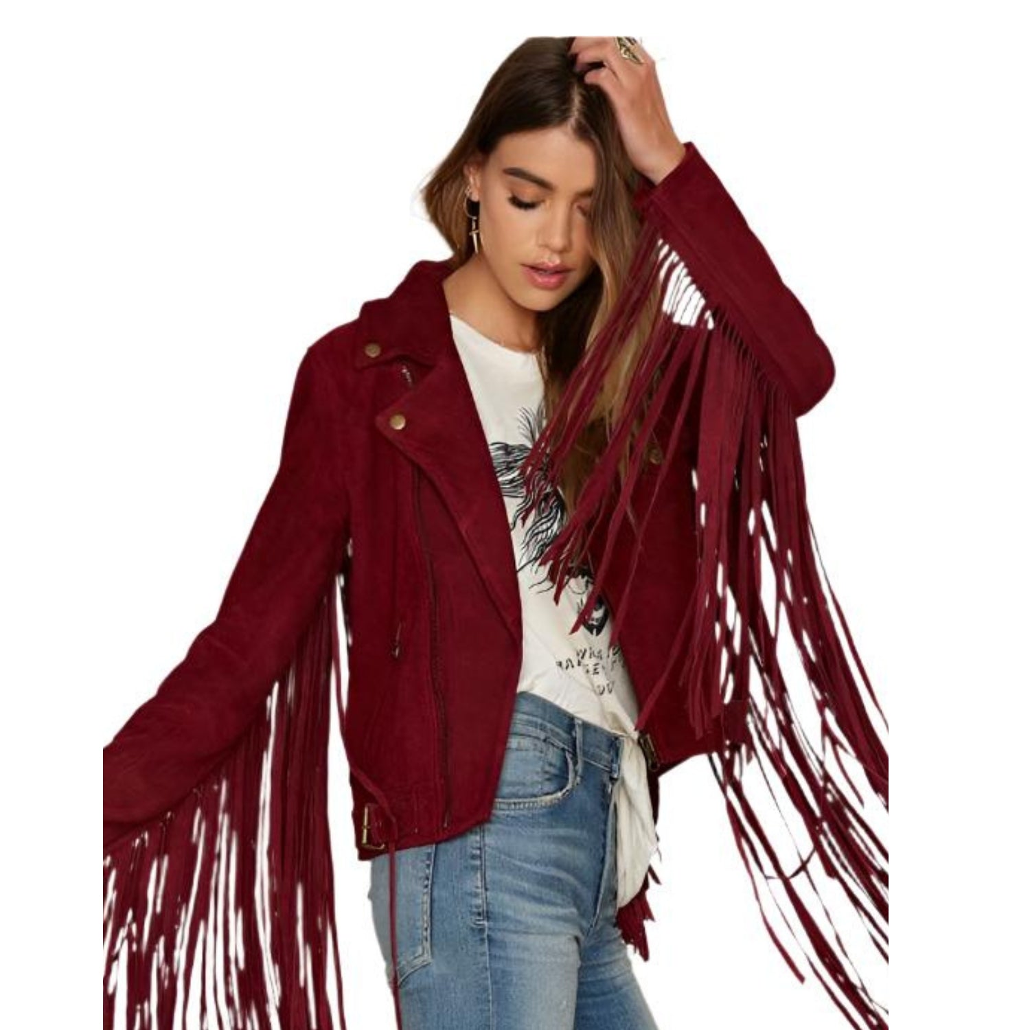 Western Red Maroon Suede Leather Long Fringe Cowgirl Jacket front view